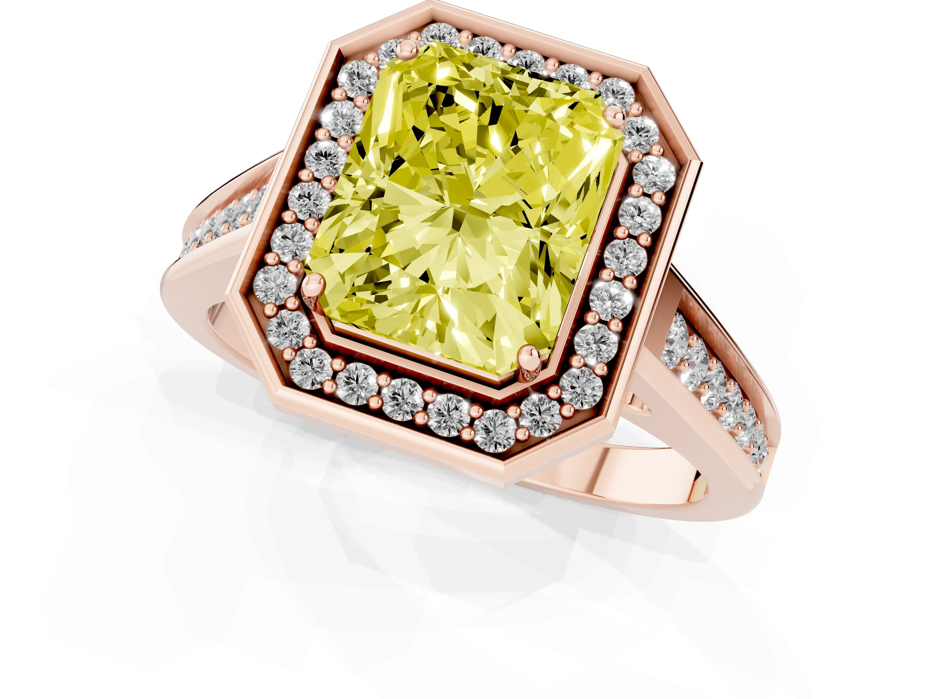 Fancy Yellow Emerald Cut Diamond Halo Solitaire Ring Set in Rose gold with Pavé Band and Bezel Setting