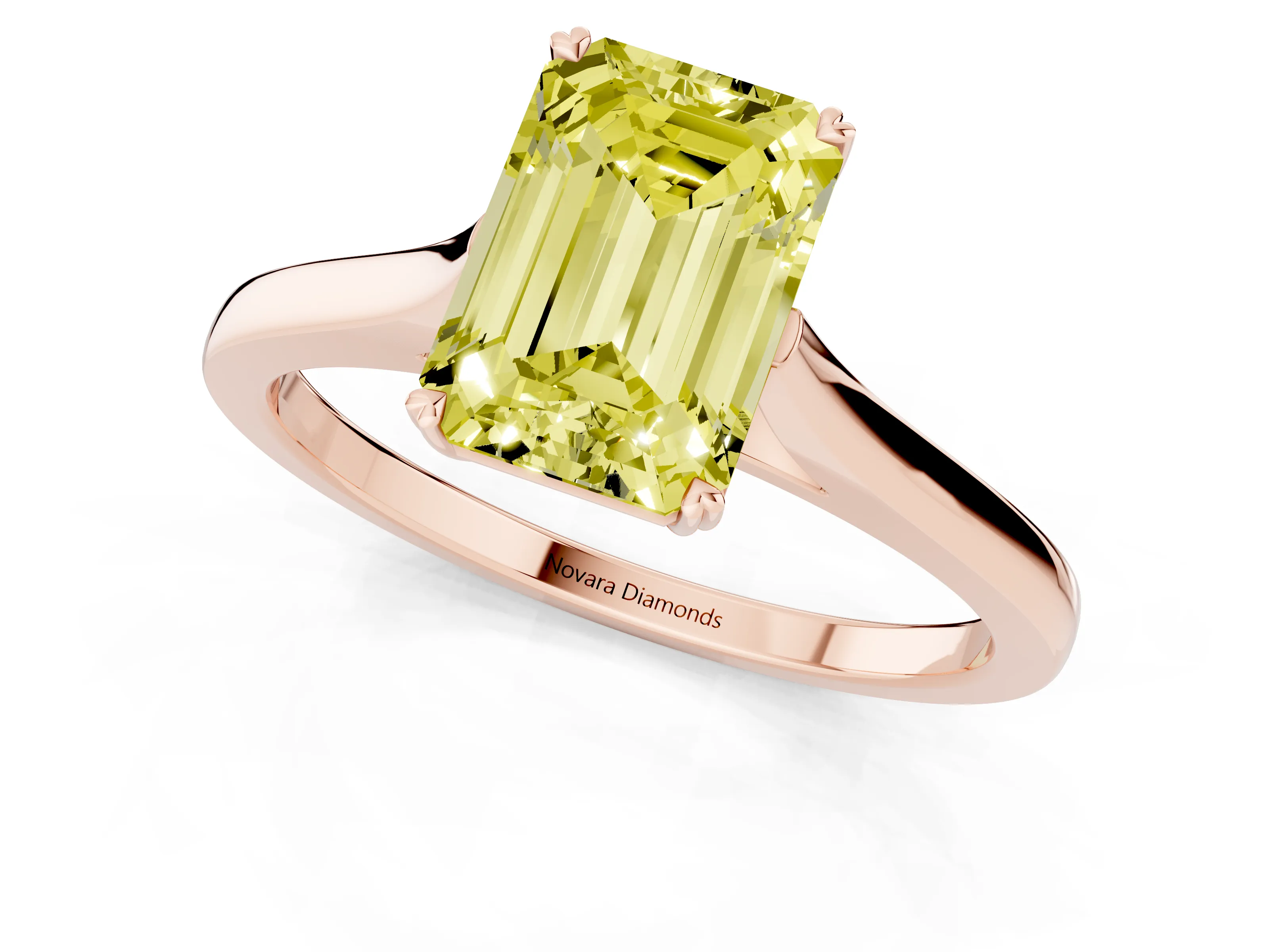 Fancy Yellow Emerald Cut Diamond Solitaire Heart Prong Engagement Ring Set in Rose gold with Tapered Band