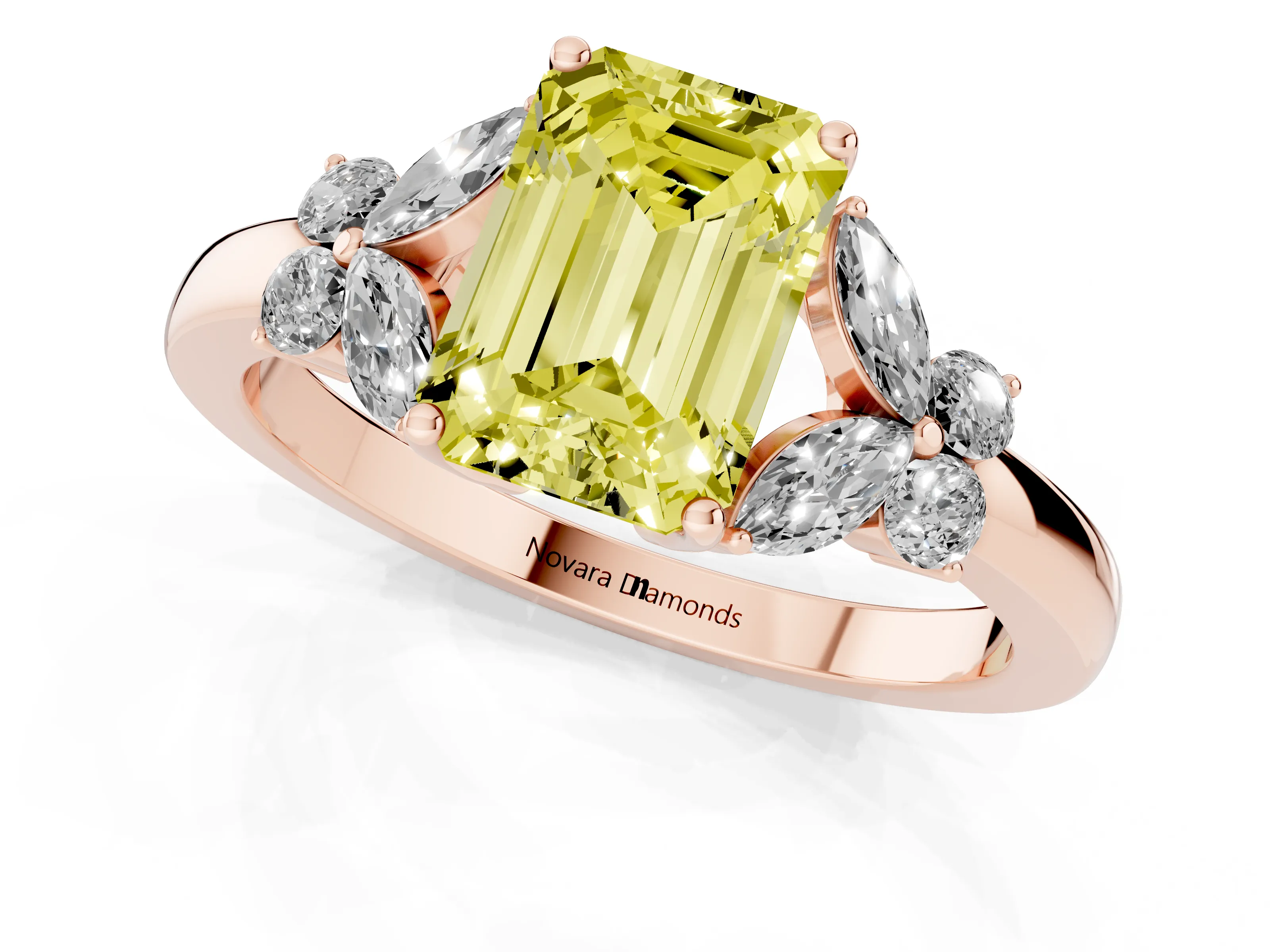 Fancy Yellow Emerald Cut Diamond Solitaire Floral Ring Set in Rose gold with Marquise Petals and Prong Setting