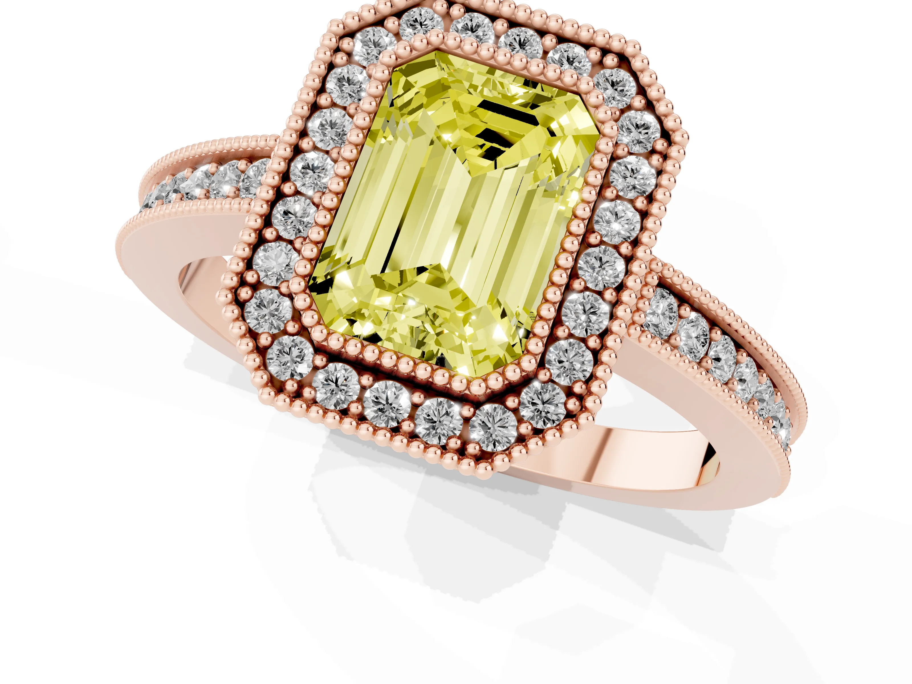 Fancy Yellow Emerald Cut Diamond Round Halo Ring Set in Rose gold with Pavé Band