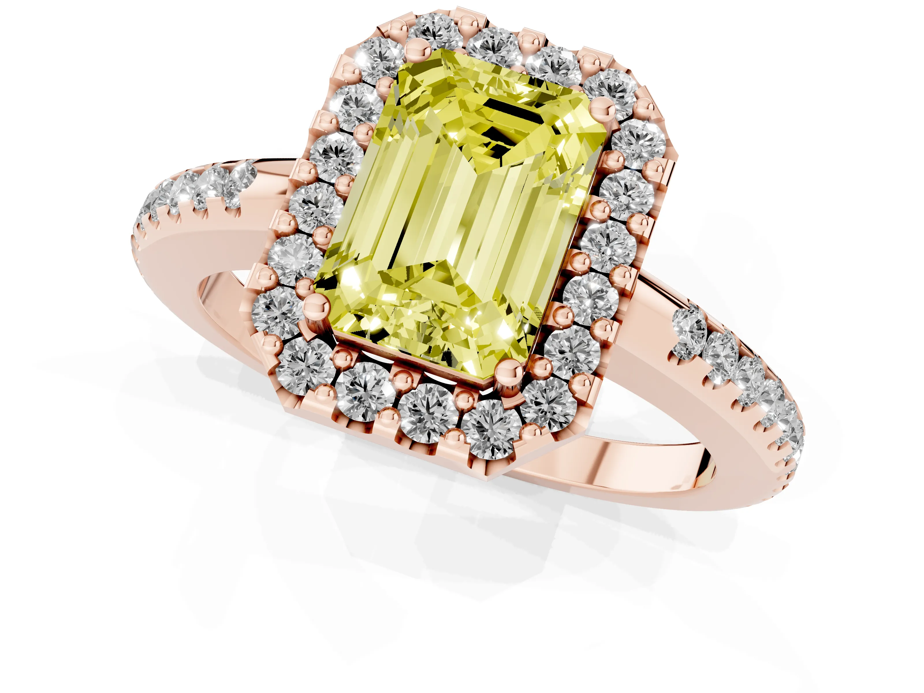 Fancy Yellow Emerald Cut Diamond Pavé Halo Ring Set in Rose gold with Prong Setting
