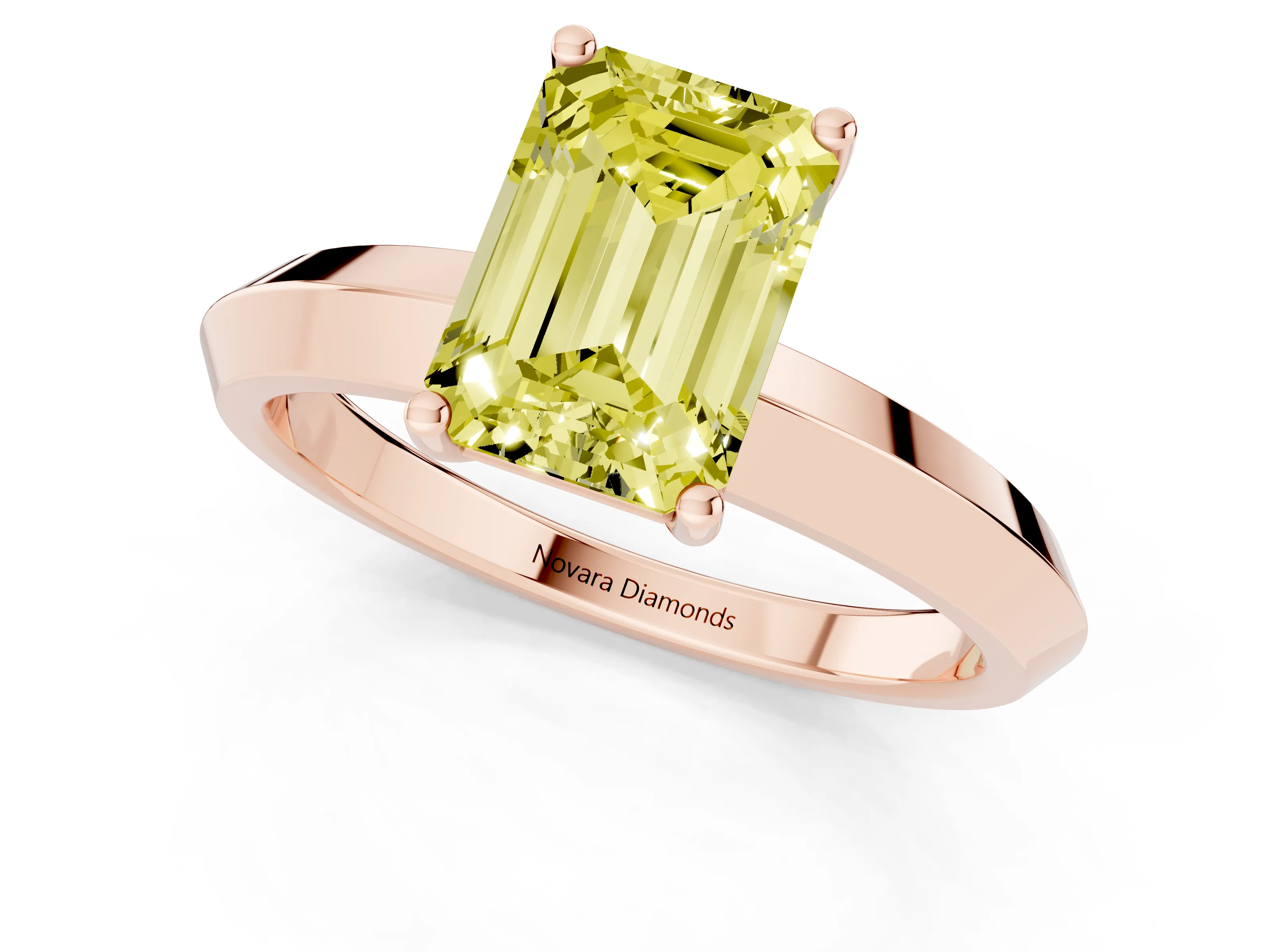 Fancy Yellow Emerald Cut Diamond Solitaire Engagement Ring Set in Rose gold with Flat Band and Prong Setting