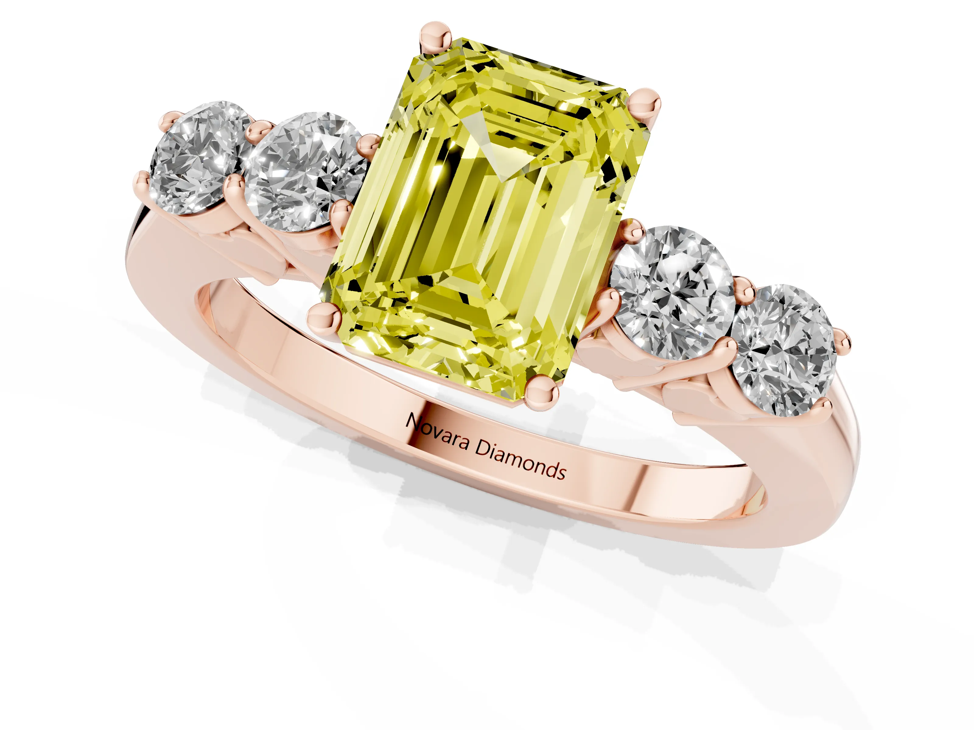 Fancy Yellow Emerald Cut Diamond Five-Stone Prong Set Band Ring Set in Rose gold with Polished Band
