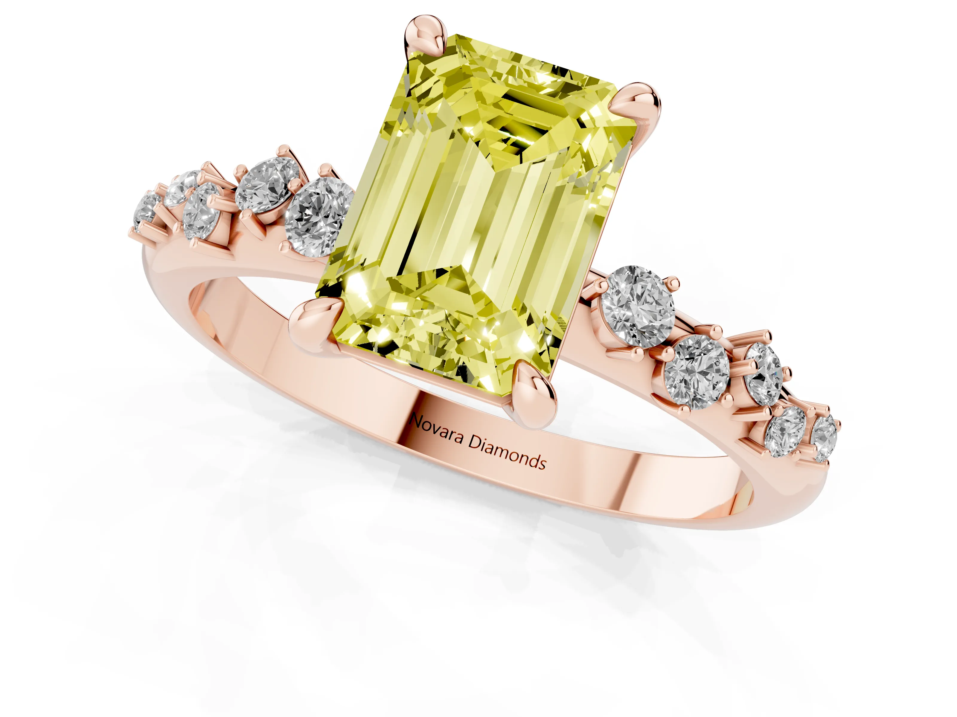 Fancy Yellow Emerald Cut Diamond Solitaire Vine Band Ring Set in Rose gold with Round Accents and Prong Setting – second view