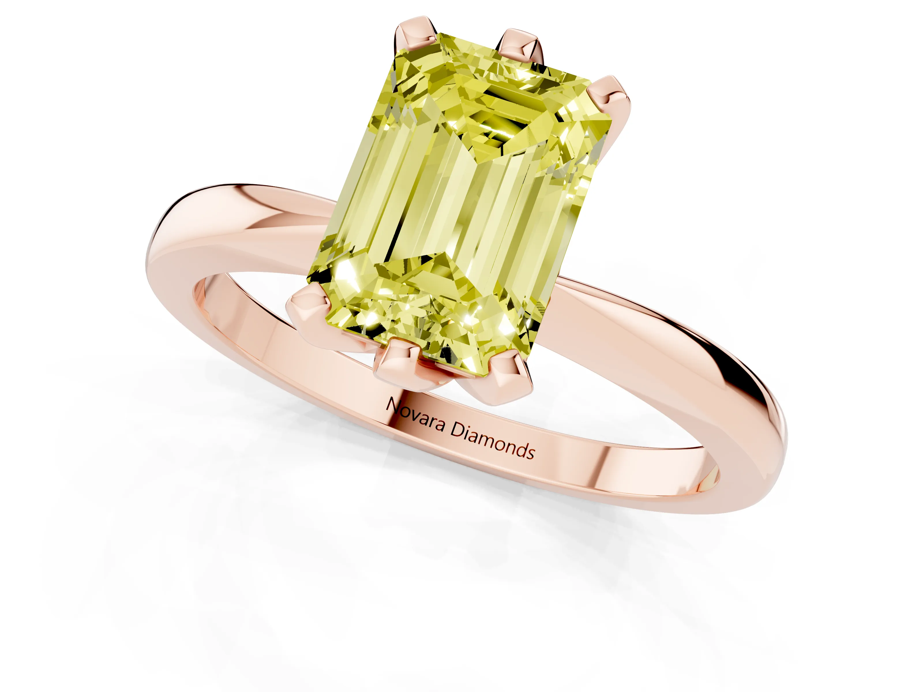 Fancy Yellow Emerald Cut Diamond Solitaire Engagement Ring Set in Rose gold with Slim Tapered Solitaire Band