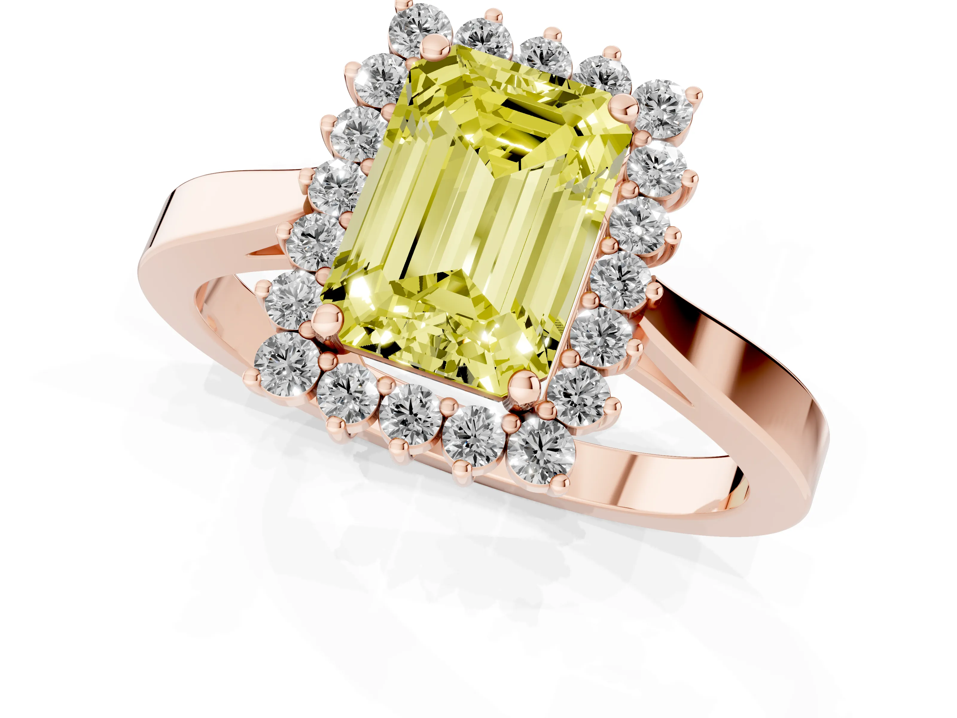Fancy Yellow Emerald Cut Diamond Halo Ring Set in Rose gold with Round Halo and Smooth Solitaire Band