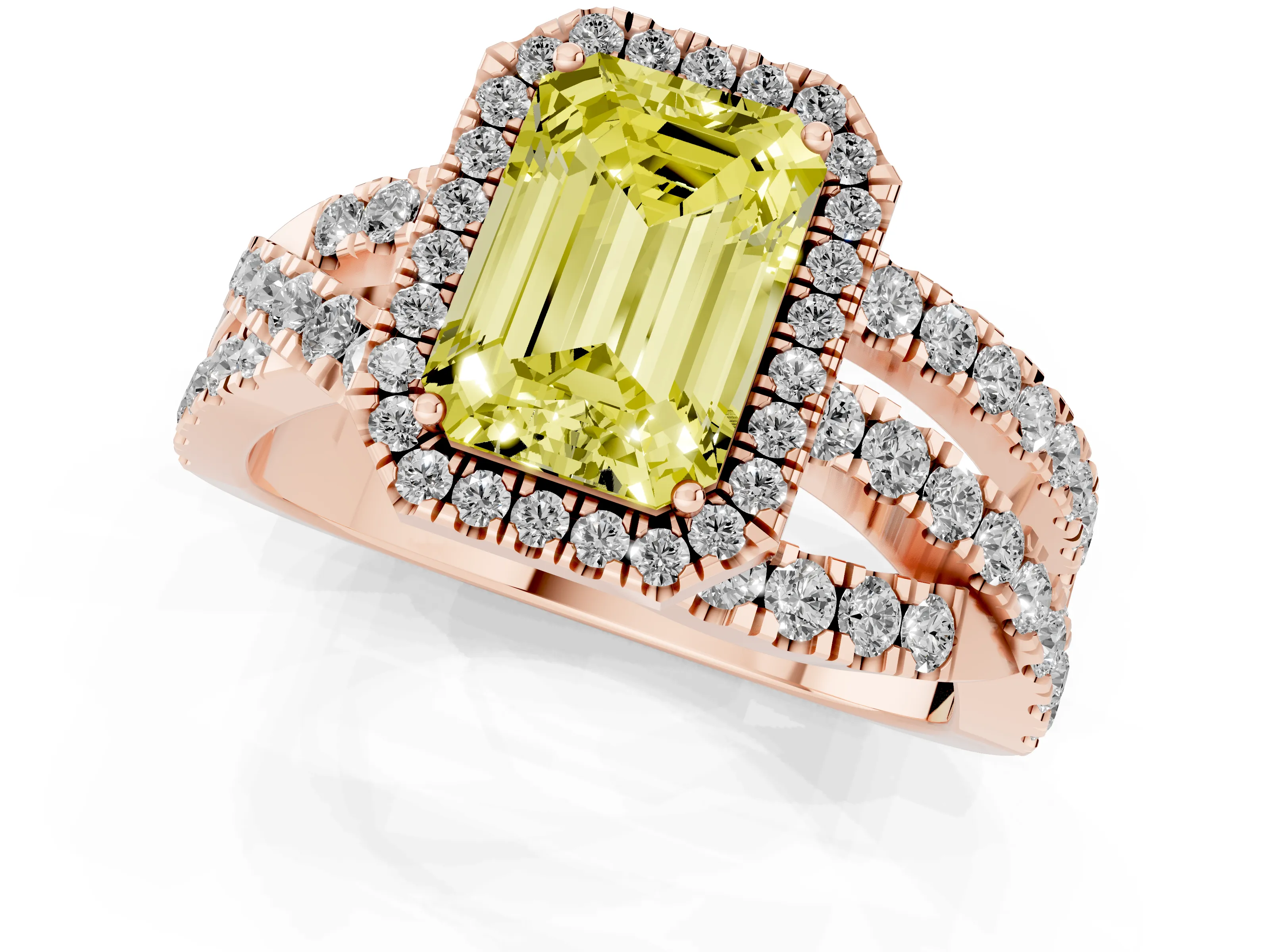 Fancy Yellow Emerald Cut Diamond Halo Ring Set in Rose gold with Round Crossover Split Shank and Prong Setting