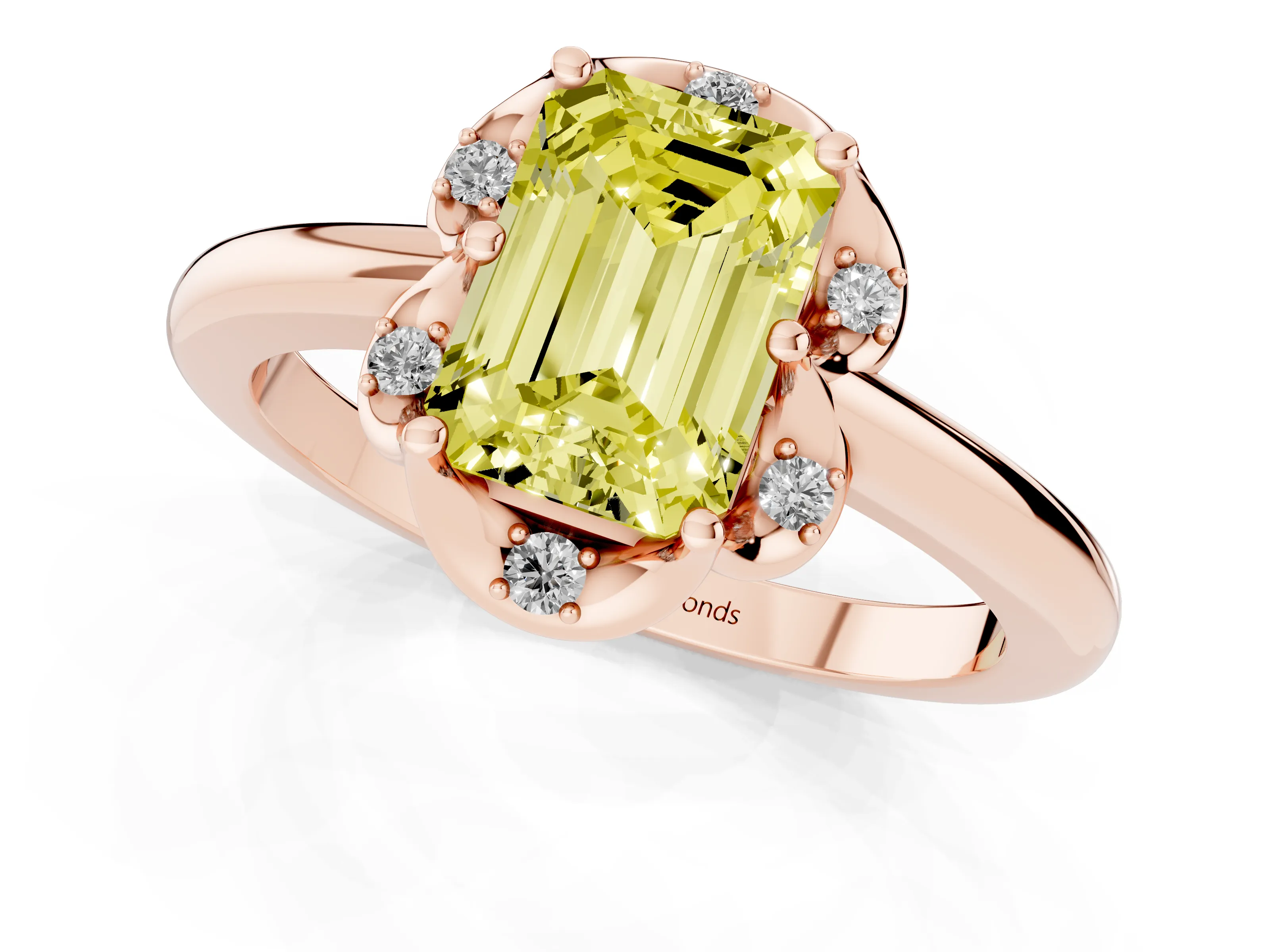 Fancy Yellow Emerald Cut Diamond Round Cluster Halo Ring Set in Rose gold with Solitaire Band and Prong Setting
