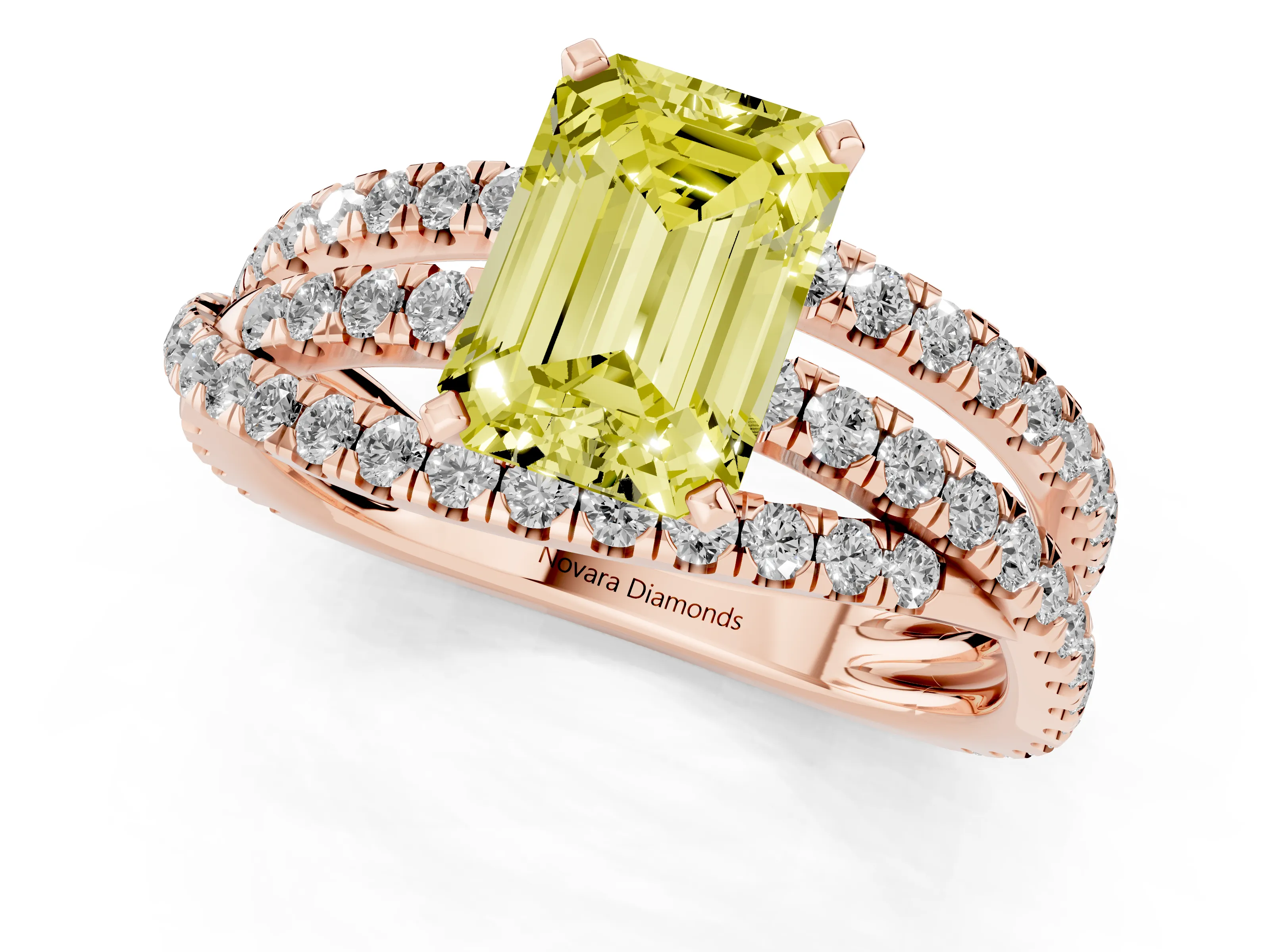 Fancy Yellow Emerald Cut Diamond Solitaire Twist Band Ring Set in Rose gold with Pavé Setting and Prong Head
