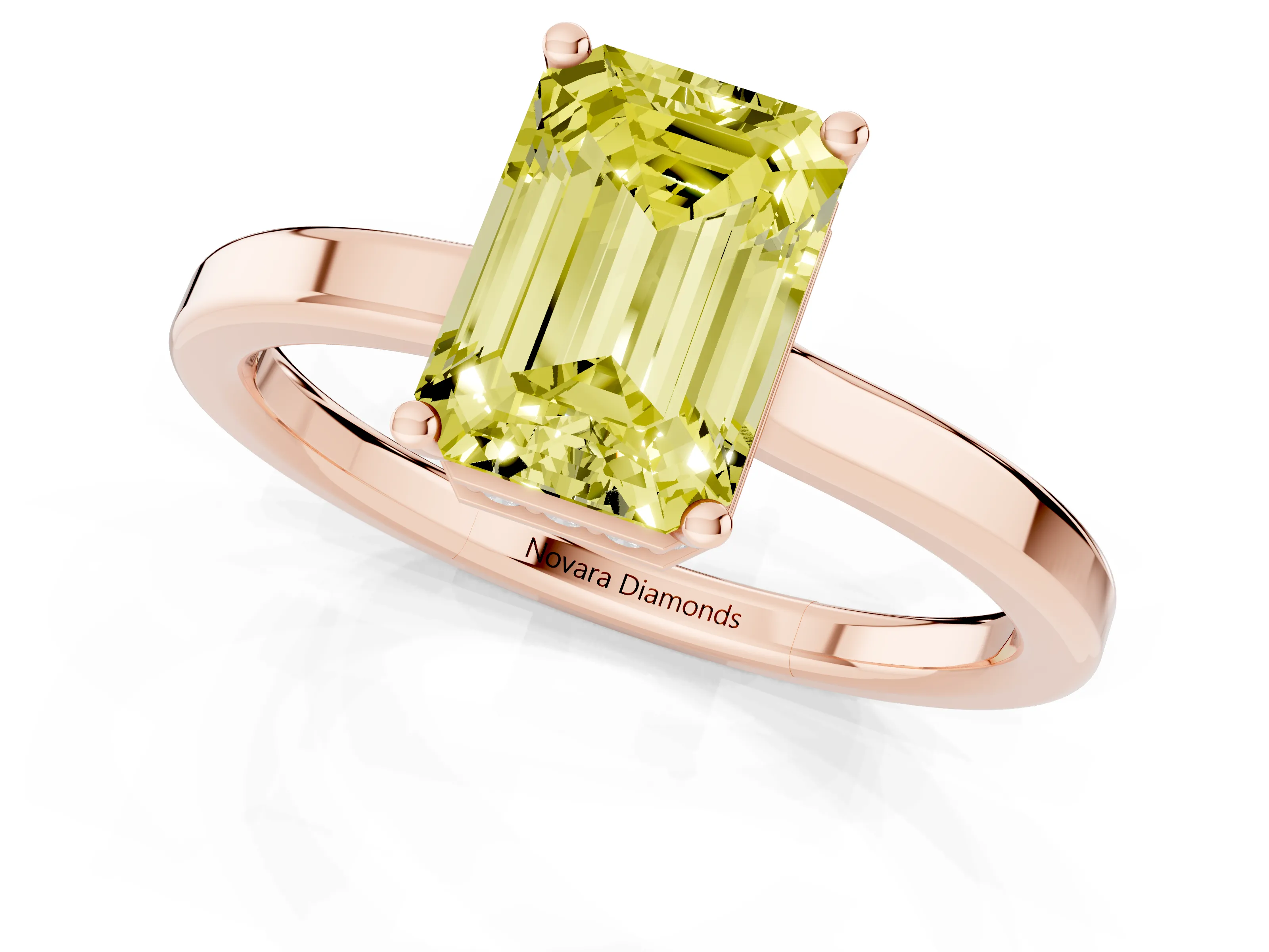 Fancy Yellow Emerald Cut Diamond Solitaire Engagement Ring Set in Rose gold with Prong Setting on a Plain Band