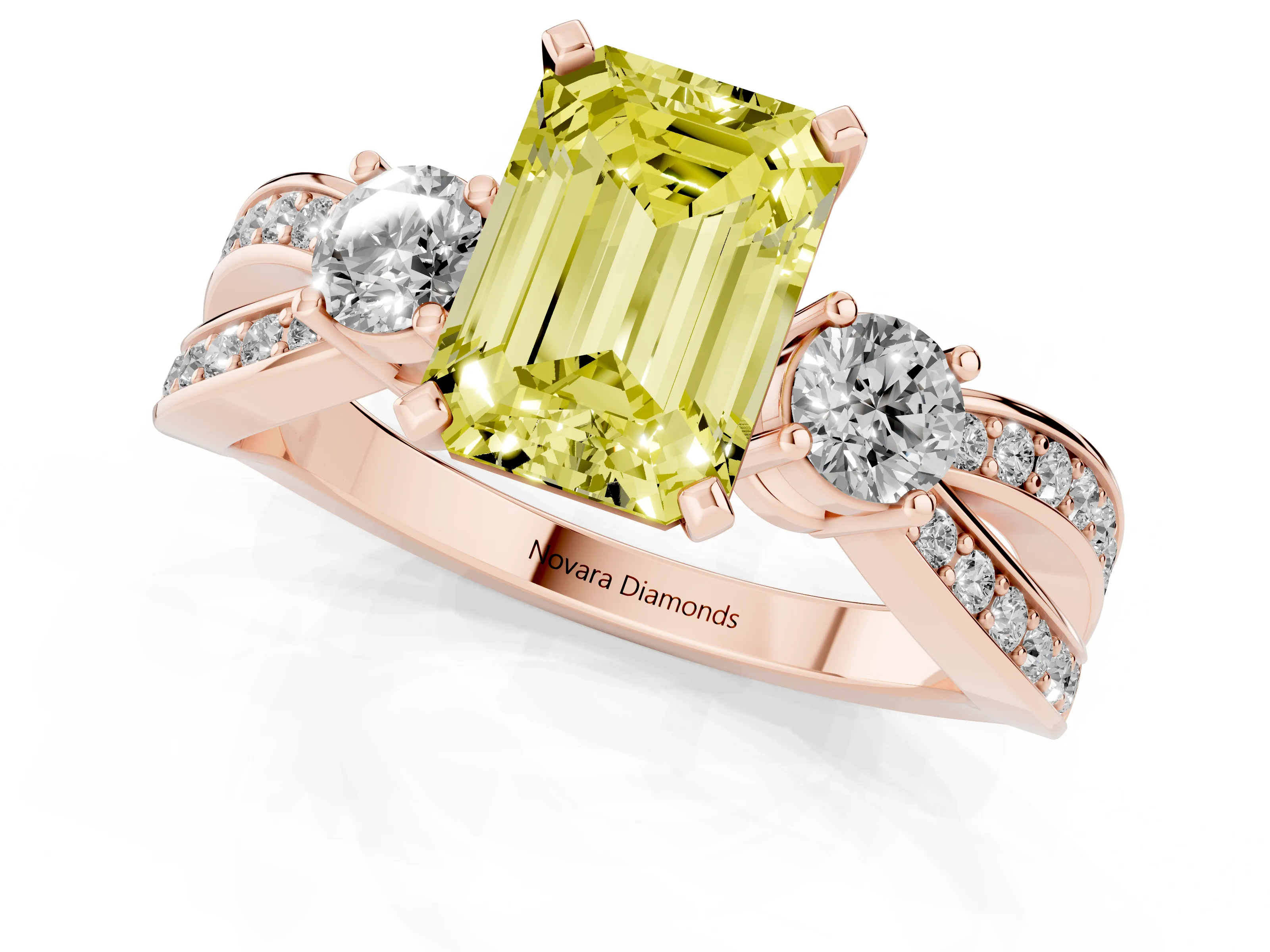 Fancy Yellow Three-Stone Emerald Cut Diamond Twist Band Ring Set in Rose gold with Pavé Accents and Prong Setting