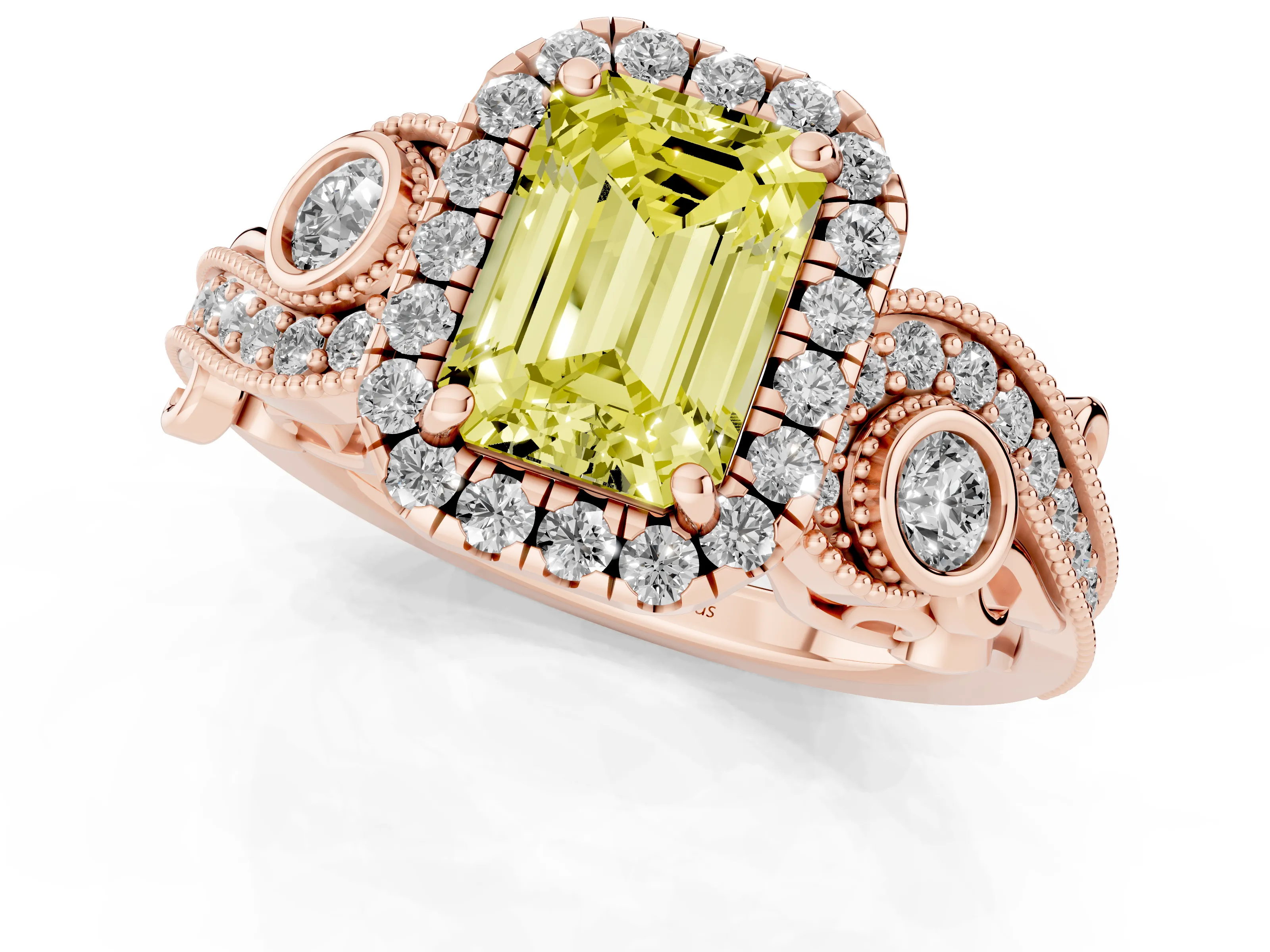 Fancy Yellow Emerald Cut Diamond Halo Ring Set in Rose gold with Milgrain Pavé Band and Prong Setting