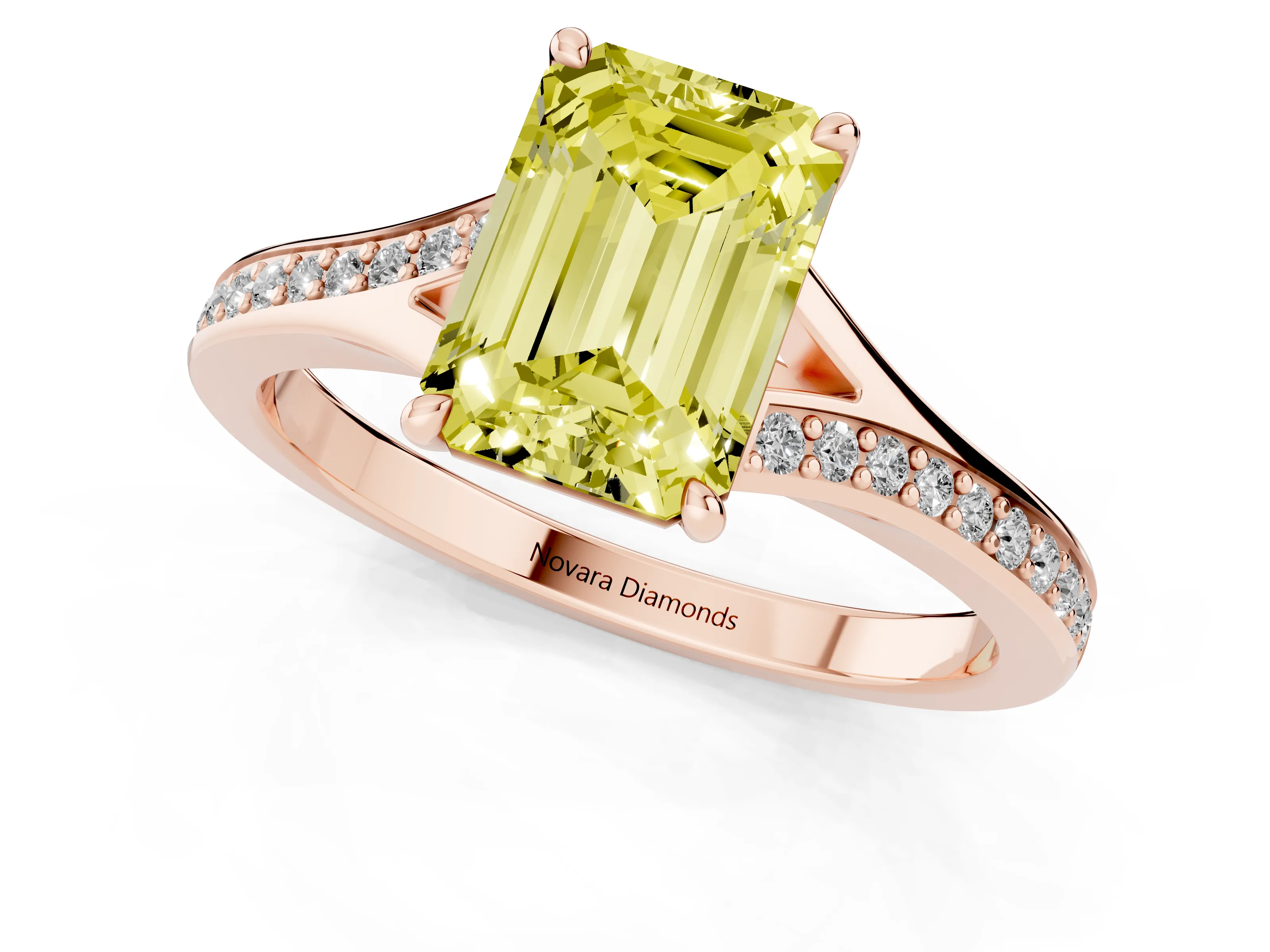 Fancy Yellow Emerald Cut Diamond Solitaire Ring Set in Rose gold with Pavé Accent Band and Classic Prong Setting