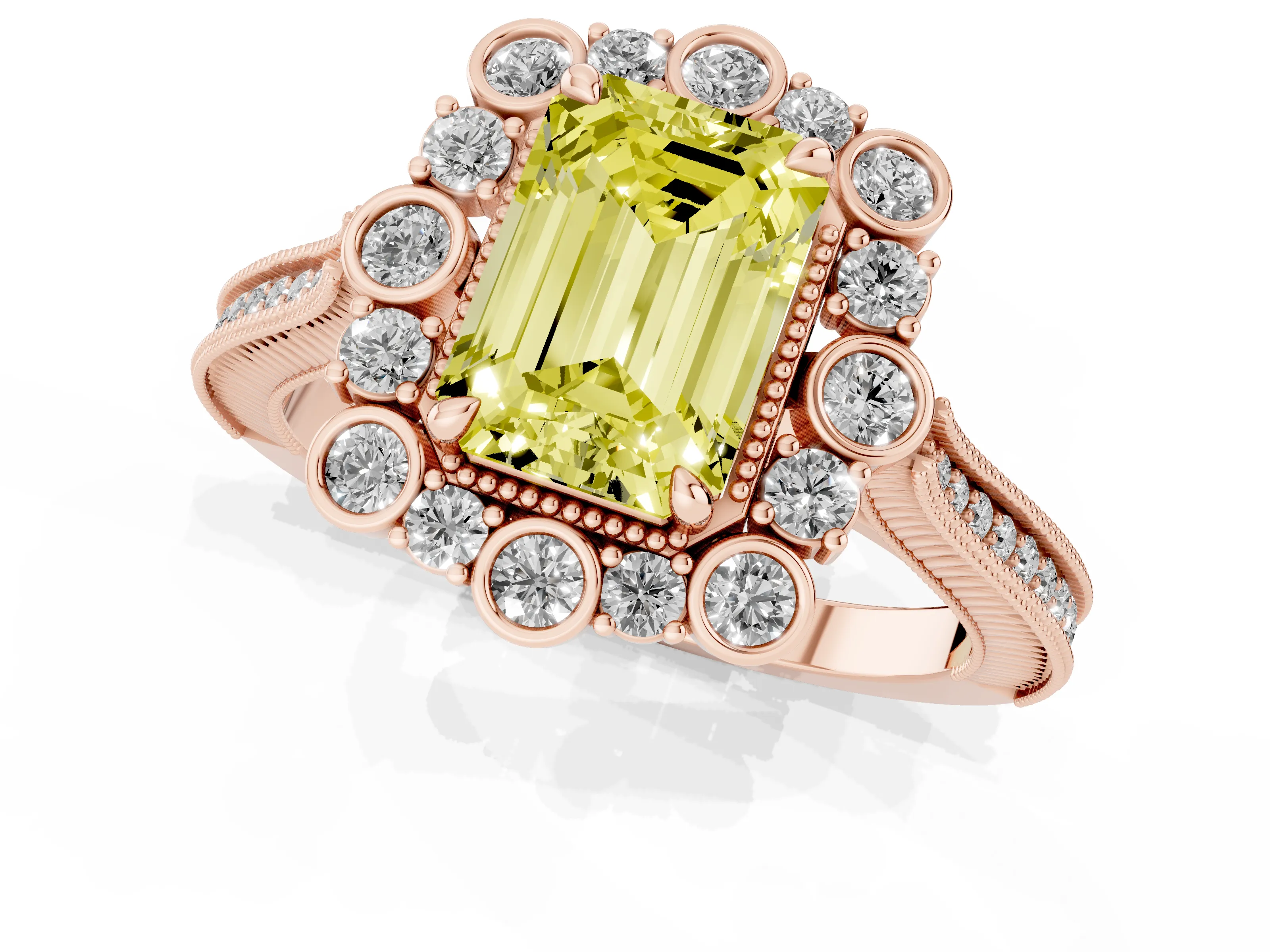 Fancy Yellow Emerald Cut Diamond Halo Milgrain Pavé Ring Set in Rose gold with Prong Setting