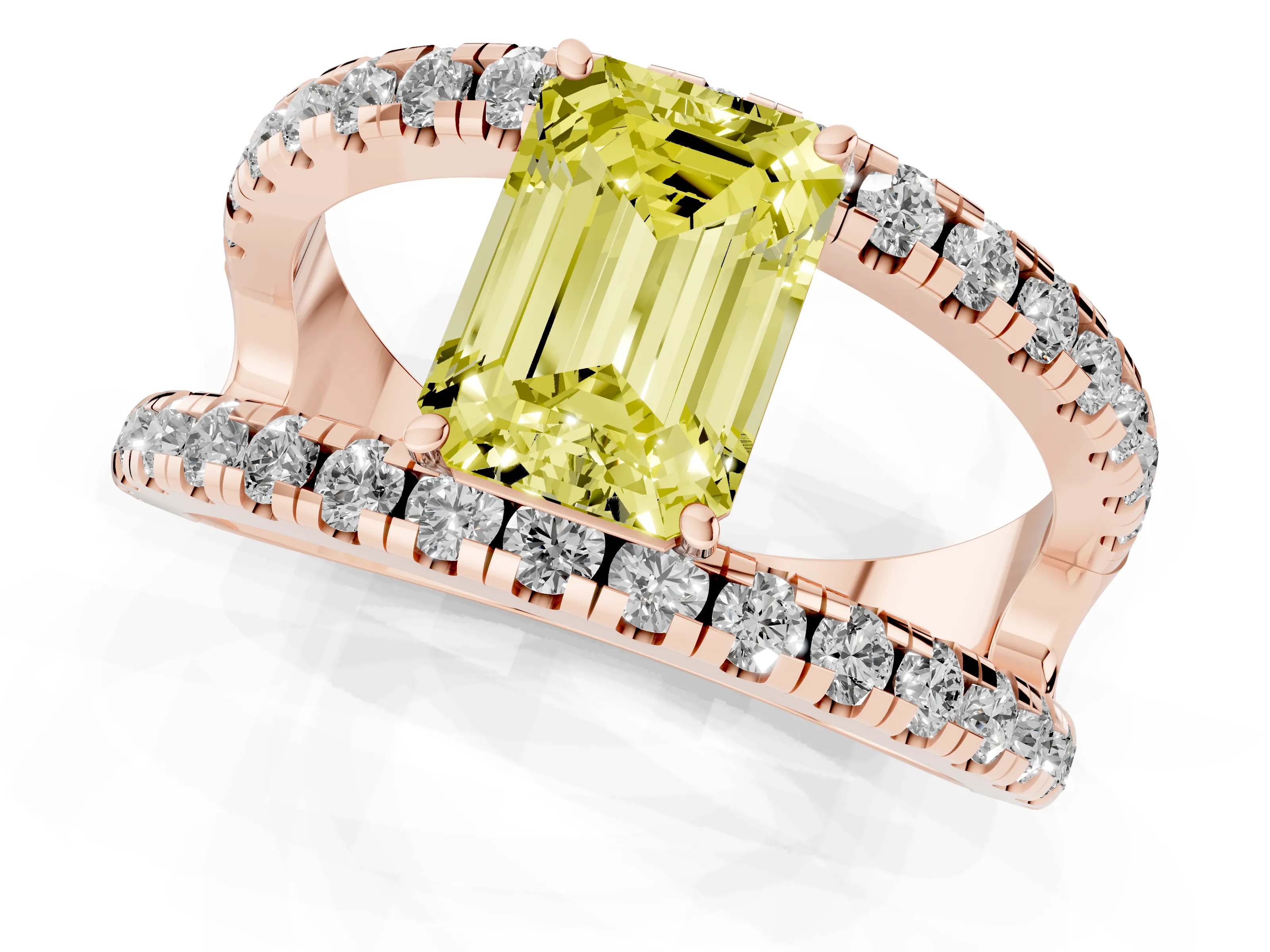 Fancy Yellow Emerald Cut Diamond Split Shank Pavé Solitaire Ring Set in Rose gold with Open Shank Design
