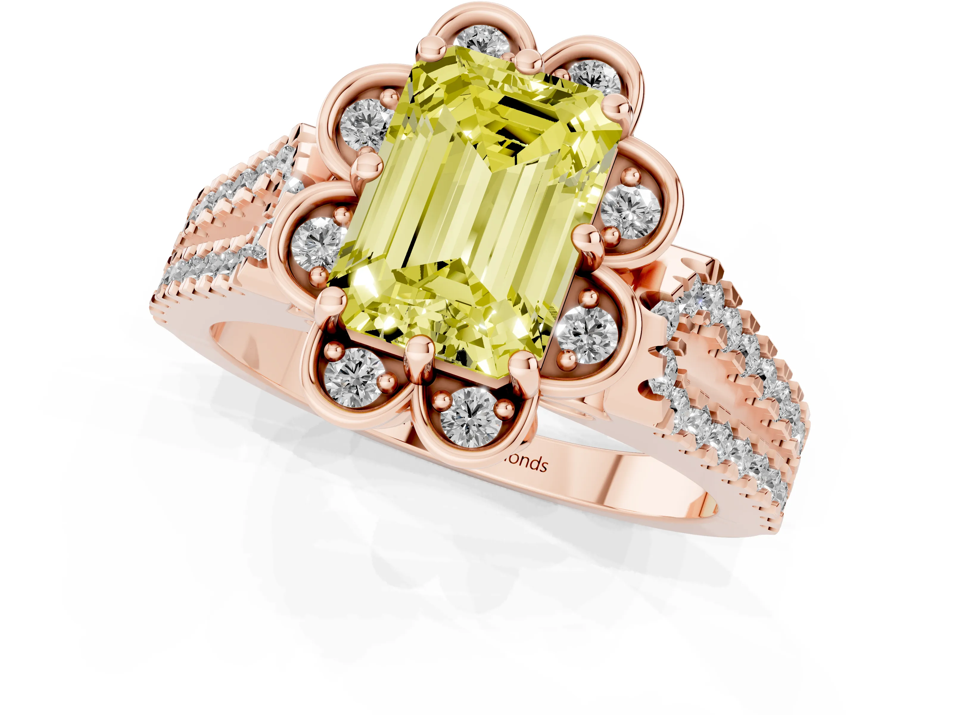 Fancy Yellow Emerald Cut Diamond Floral Halo Split Shank Engagement Ring Set in Rose gold with Pavé Shank