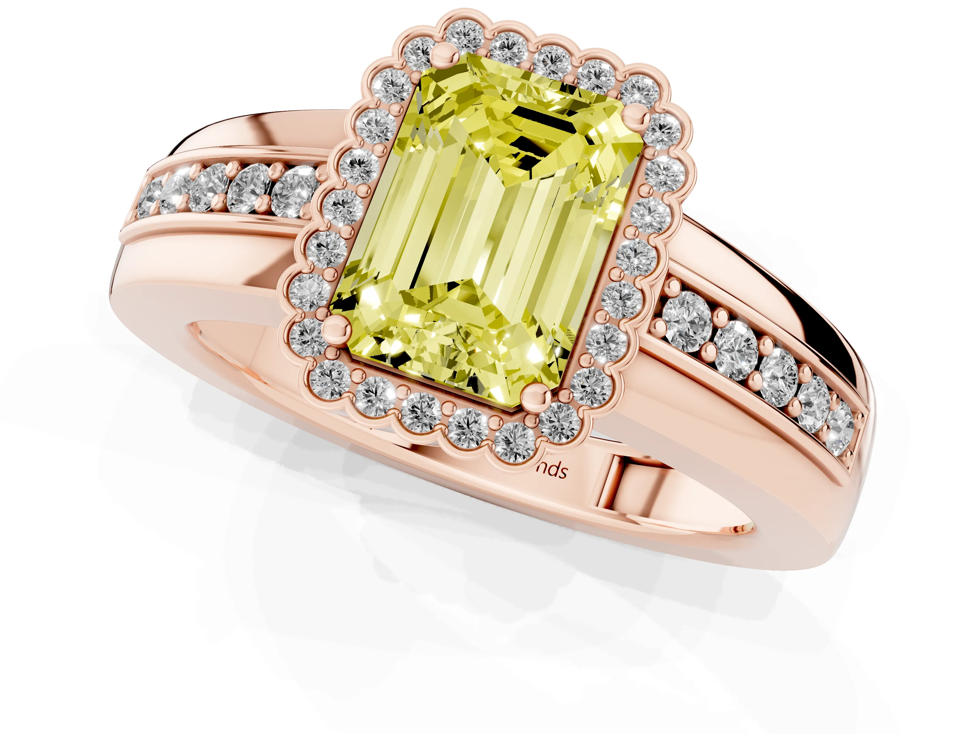 Fancy Yellow Emerald Cut Diamond Halo Prong Ring Set in Rose gold with Pavé Band