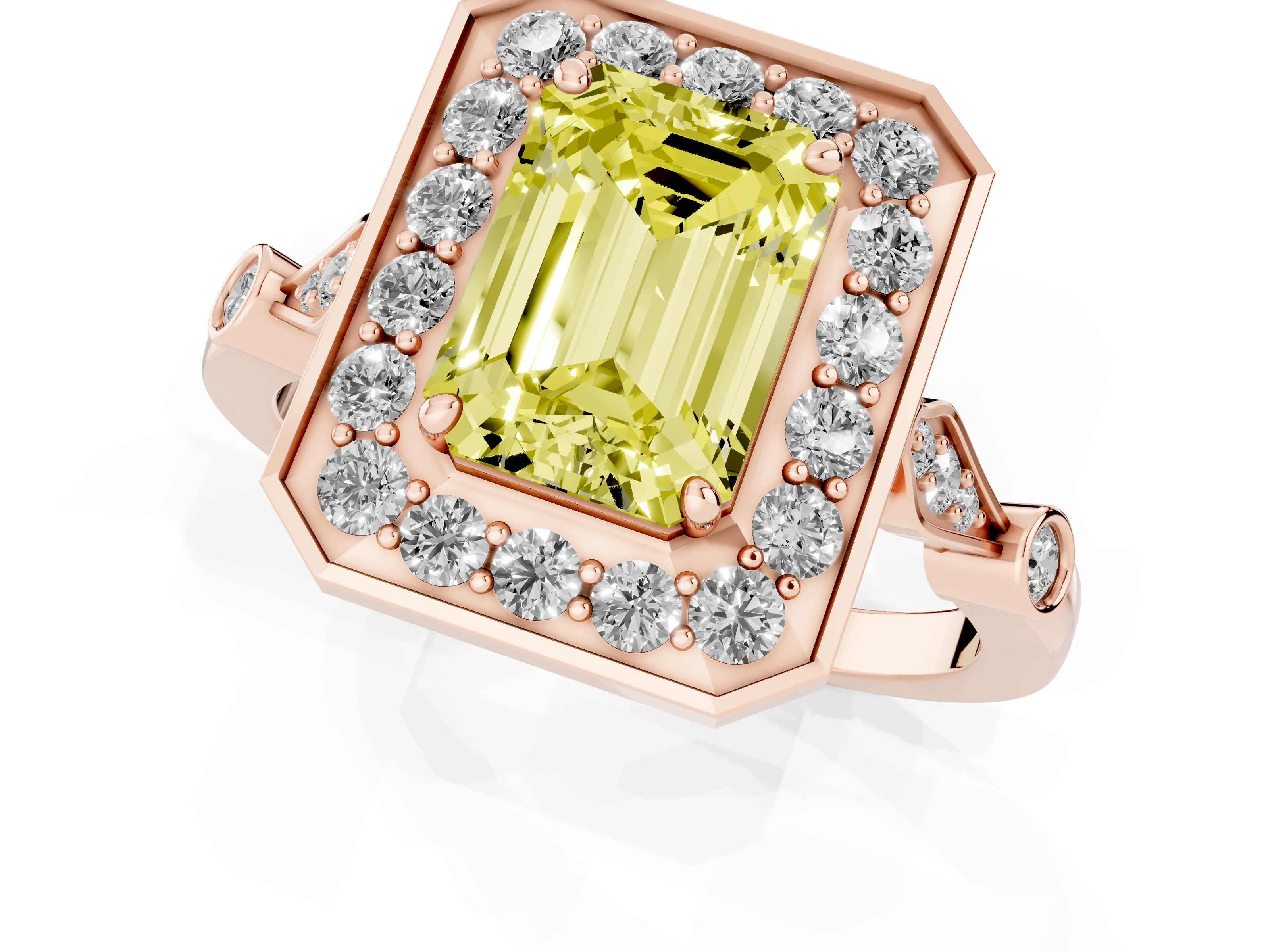 Fancy Yellow Emerald Cut Diamond Halo Engagement Ring Set in Rose gold with Twisted Band and Prong Setting