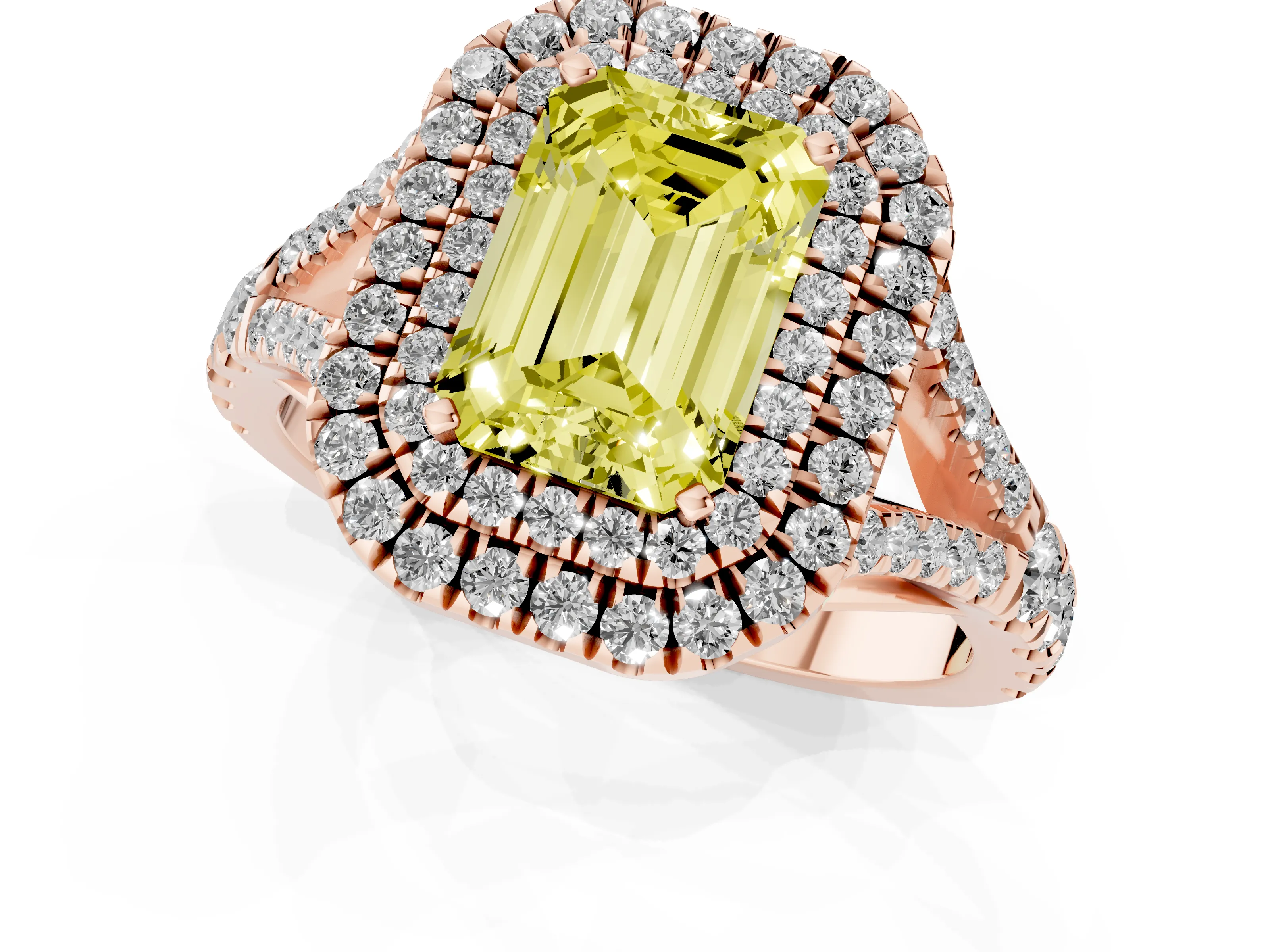 Fancy Yellow Emerald Cut Diamond Pavé Split Shank Double Halo Engagement Ring Set in Rose gold