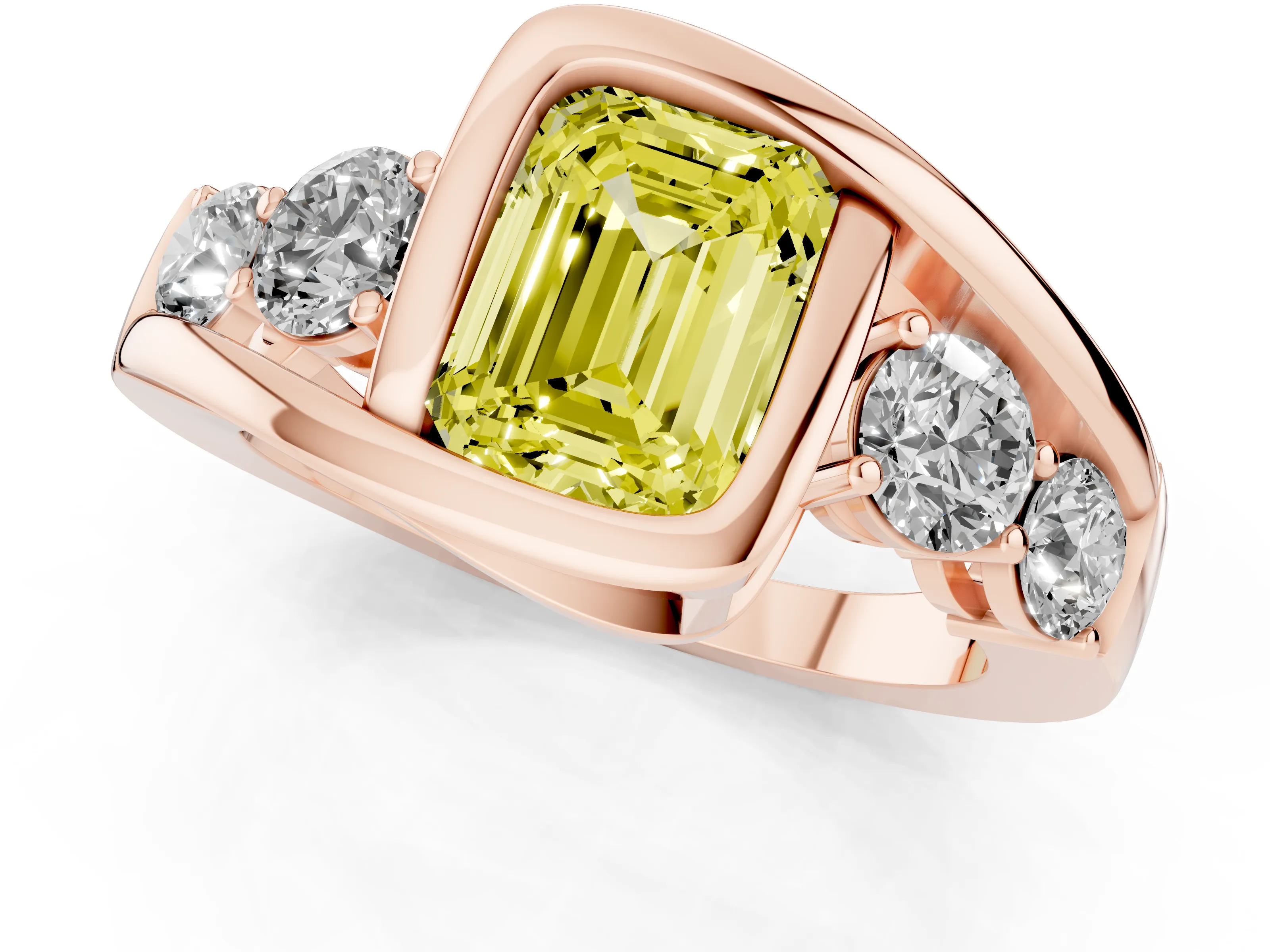 Fancy Yellow Emerald Cut Diamond Bezel Bypass Ring Set in Rose gold with Round Accents