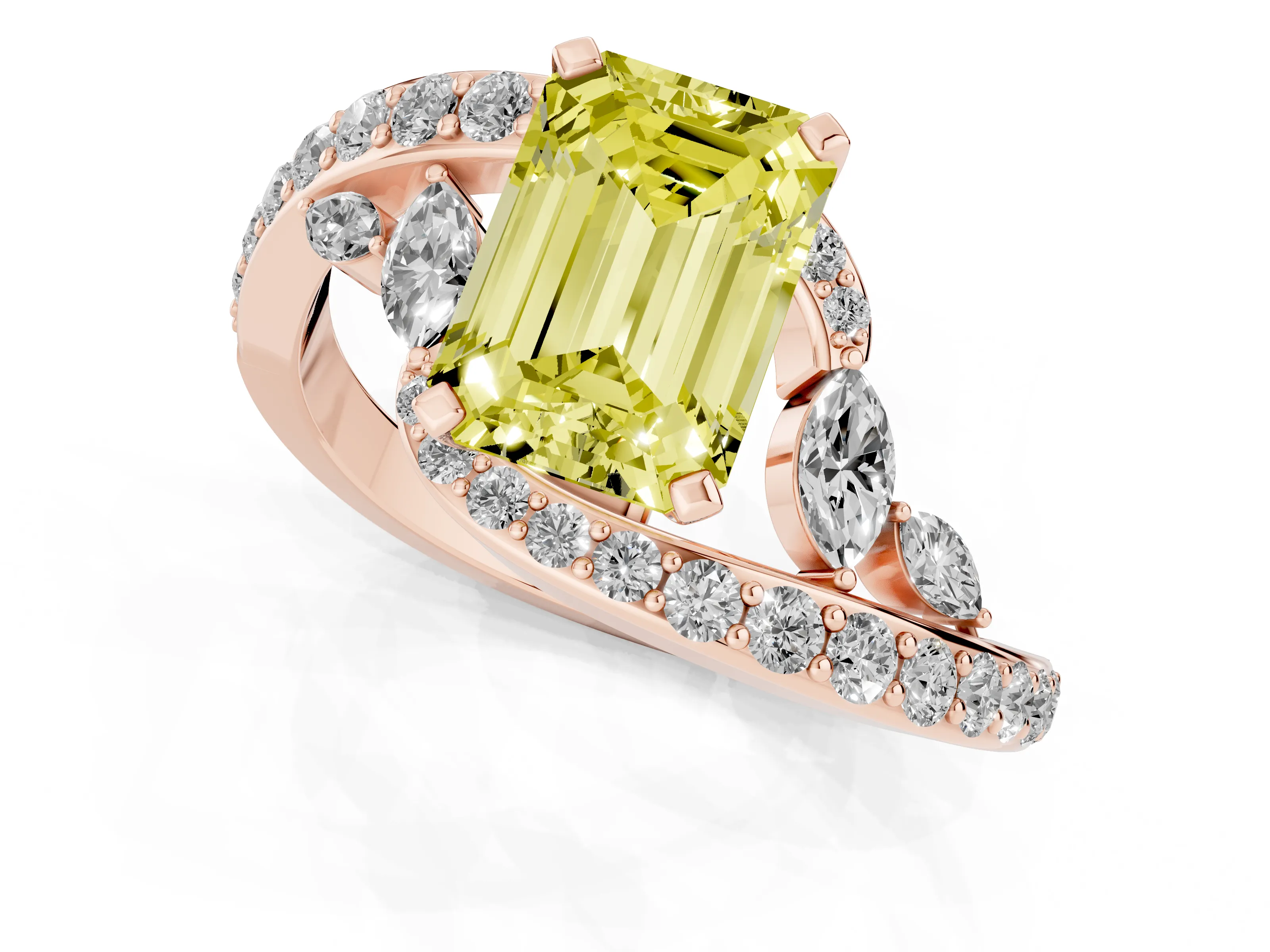 Fancy Yellow Emerald Cut Diamond Solitaire Ring Set in Rose gold with Pavé Twist Band and Secure Prong Setting