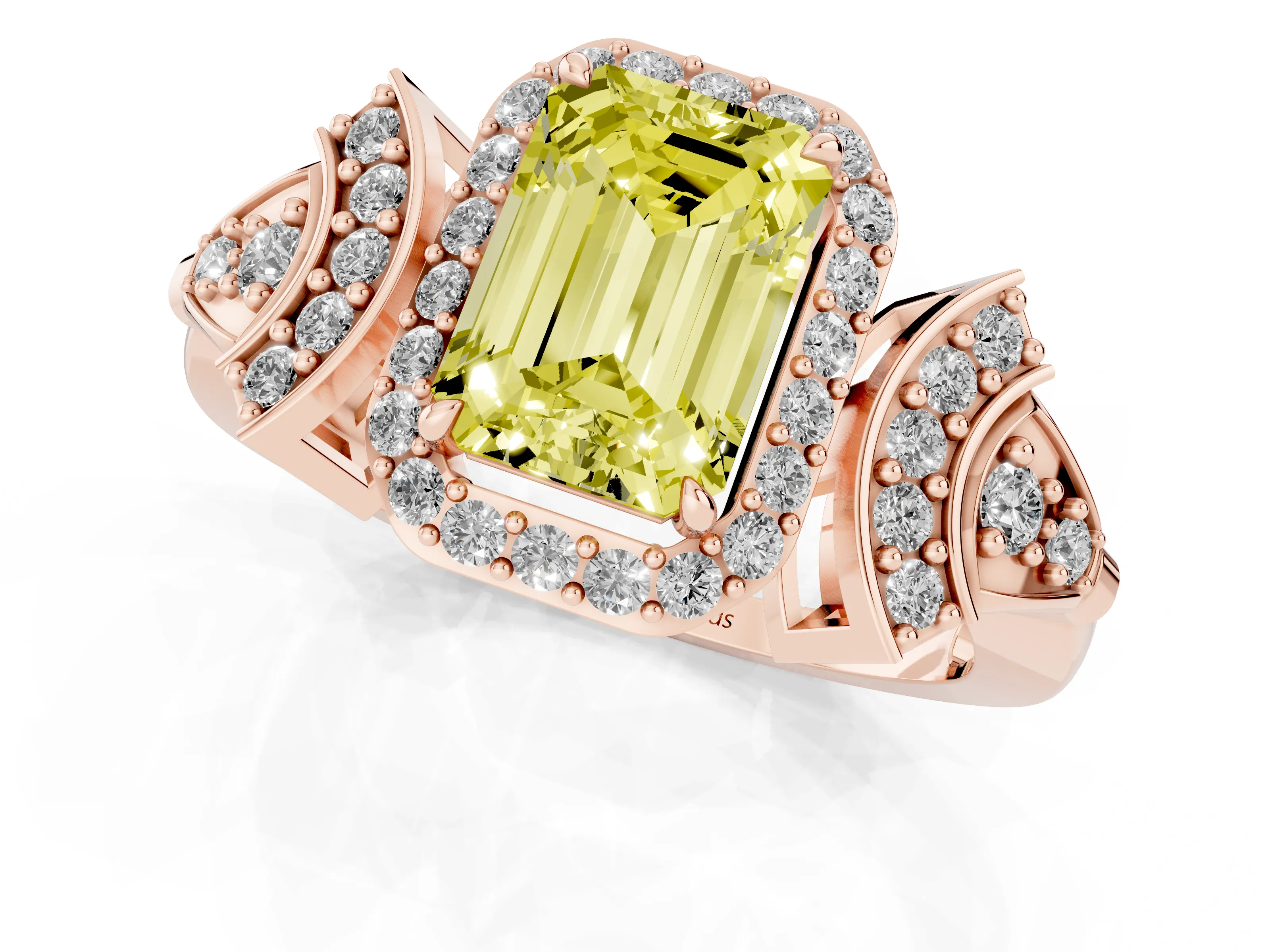Fancy Yellow Emerald Cut Diamond Halo Engagement Ring Set in Rose gold with Accent Stone Split Shank