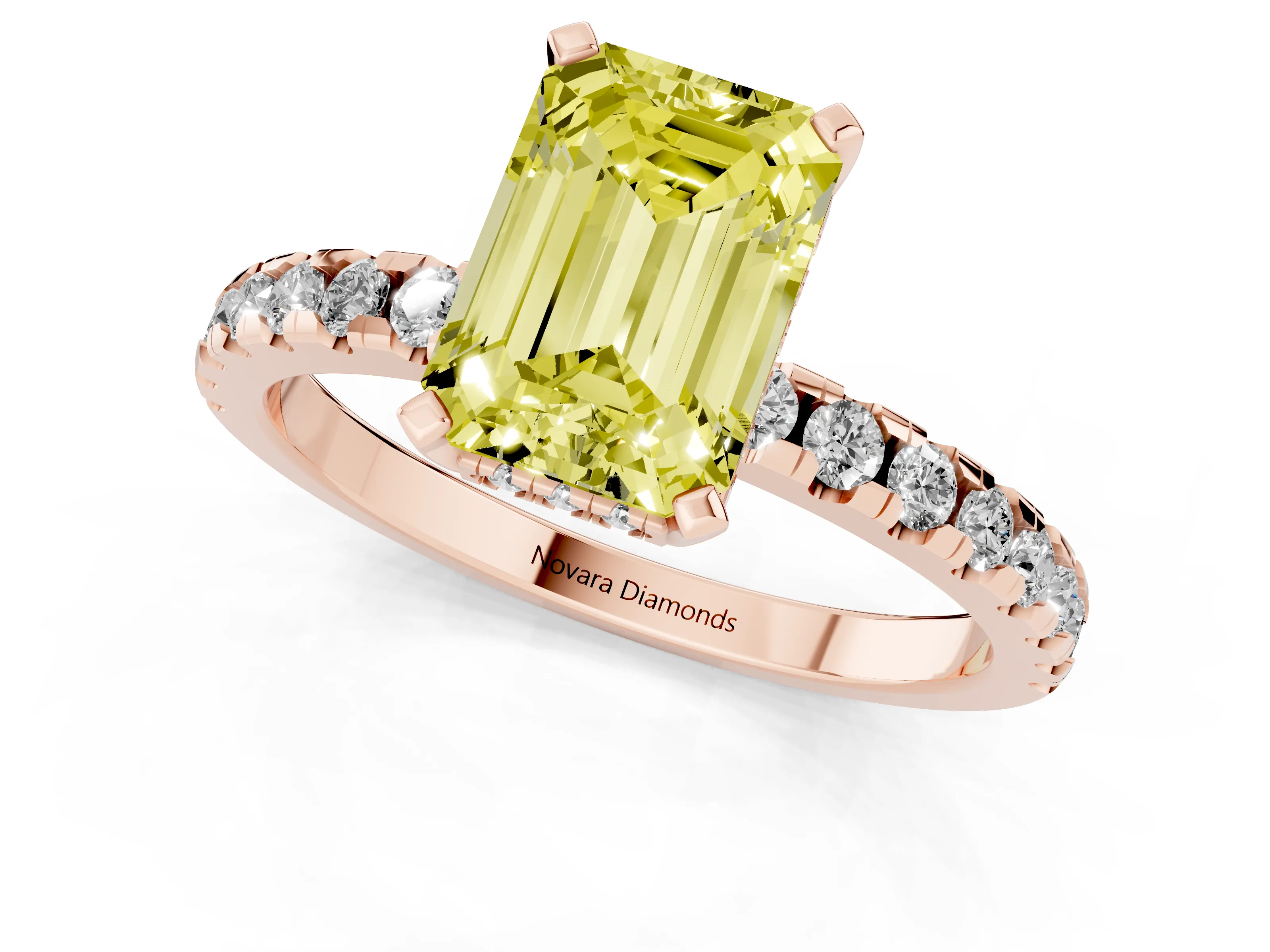 Fancy Yellow Emerald Cut Diamond Pavé Solitaire Ring Set in Rose gold with Round Band Accents and Prong Setting – second view