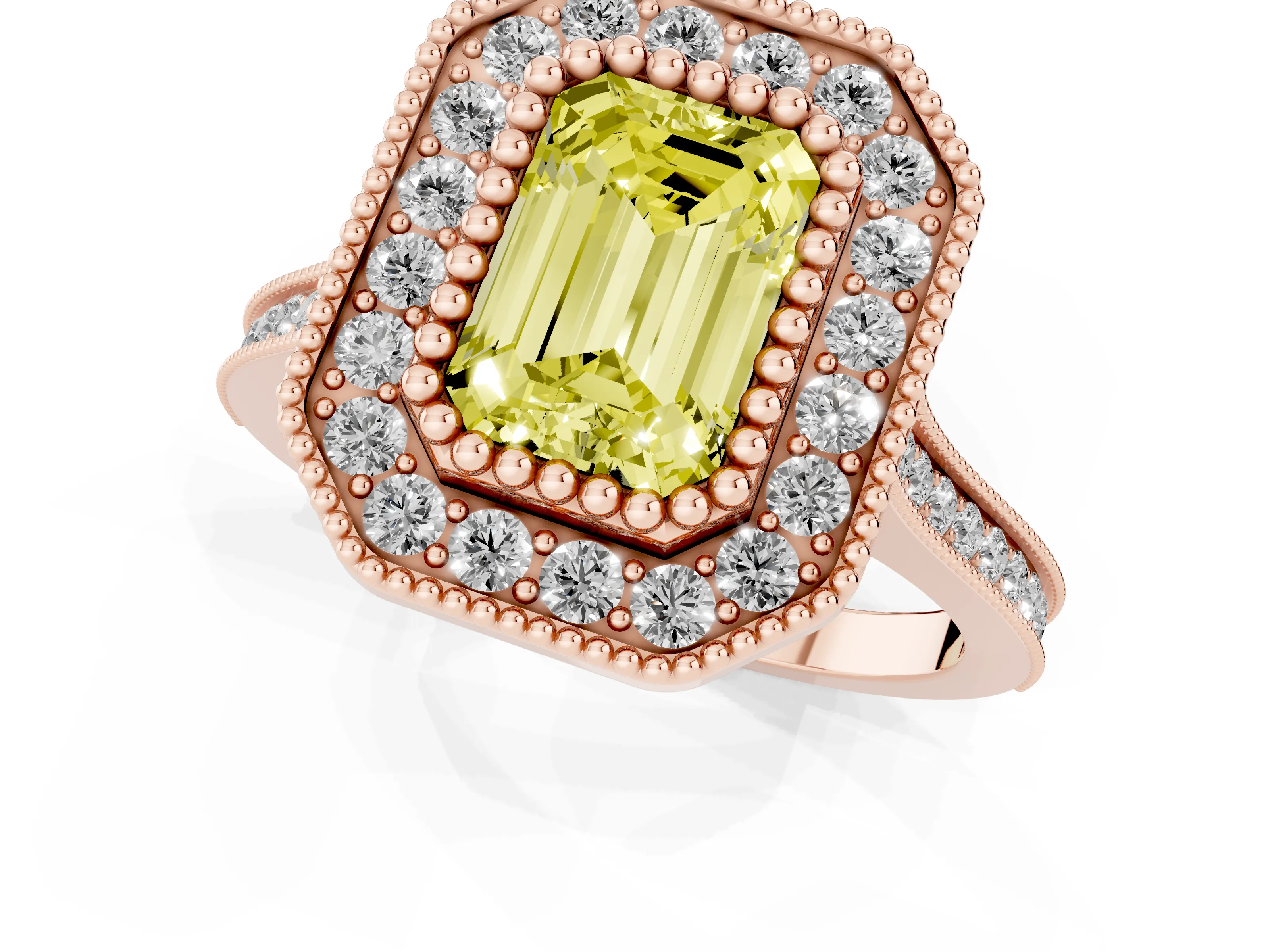 Fancy Yellow Emerald Cut Diamond Halo Ring Set in Rose gold with Milgrain Frame and Pavé Band