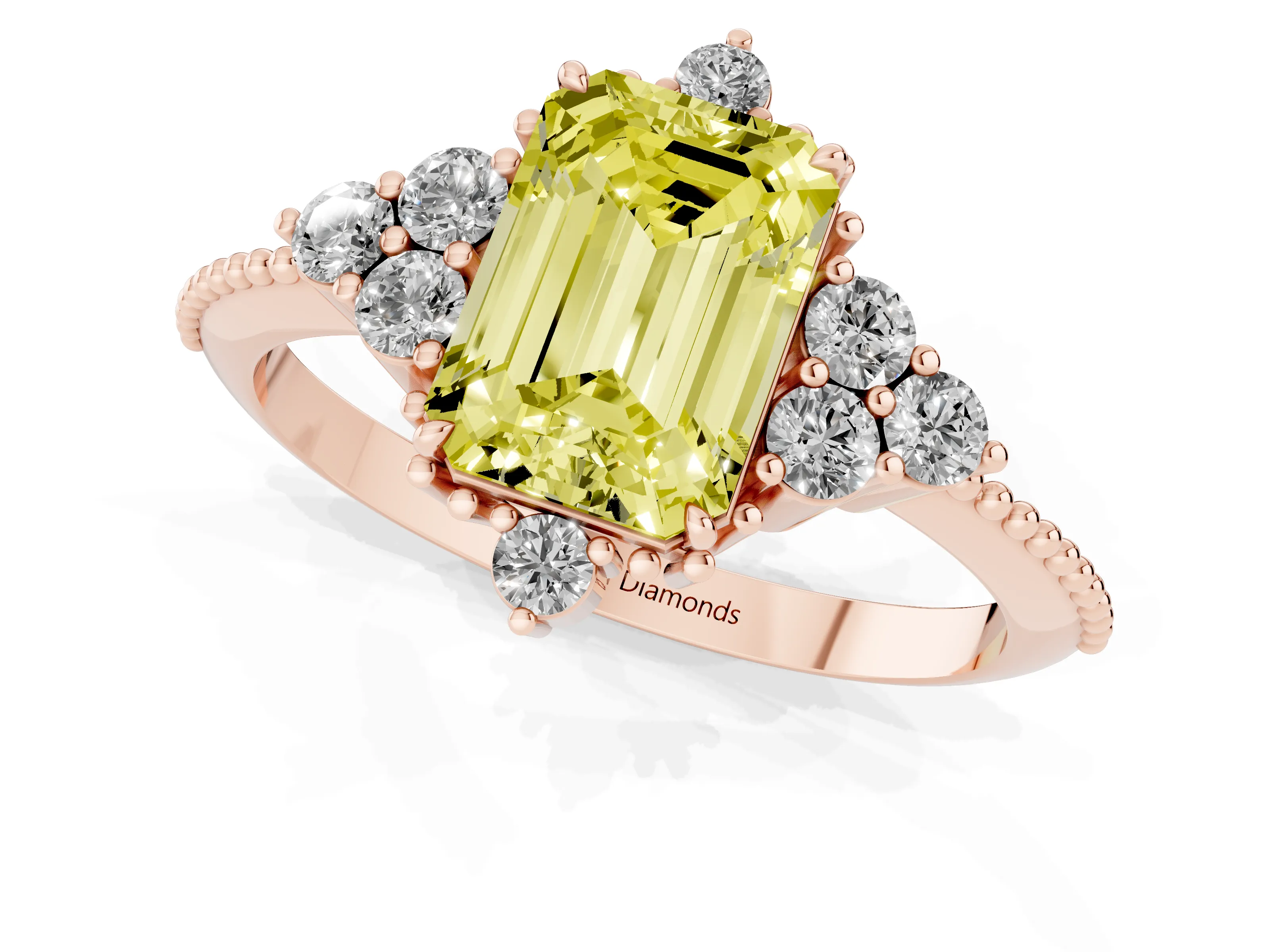 Fancy Yellow Emerald Cut Diamond Cluster Ring Set in Rose gold with Beaded Band