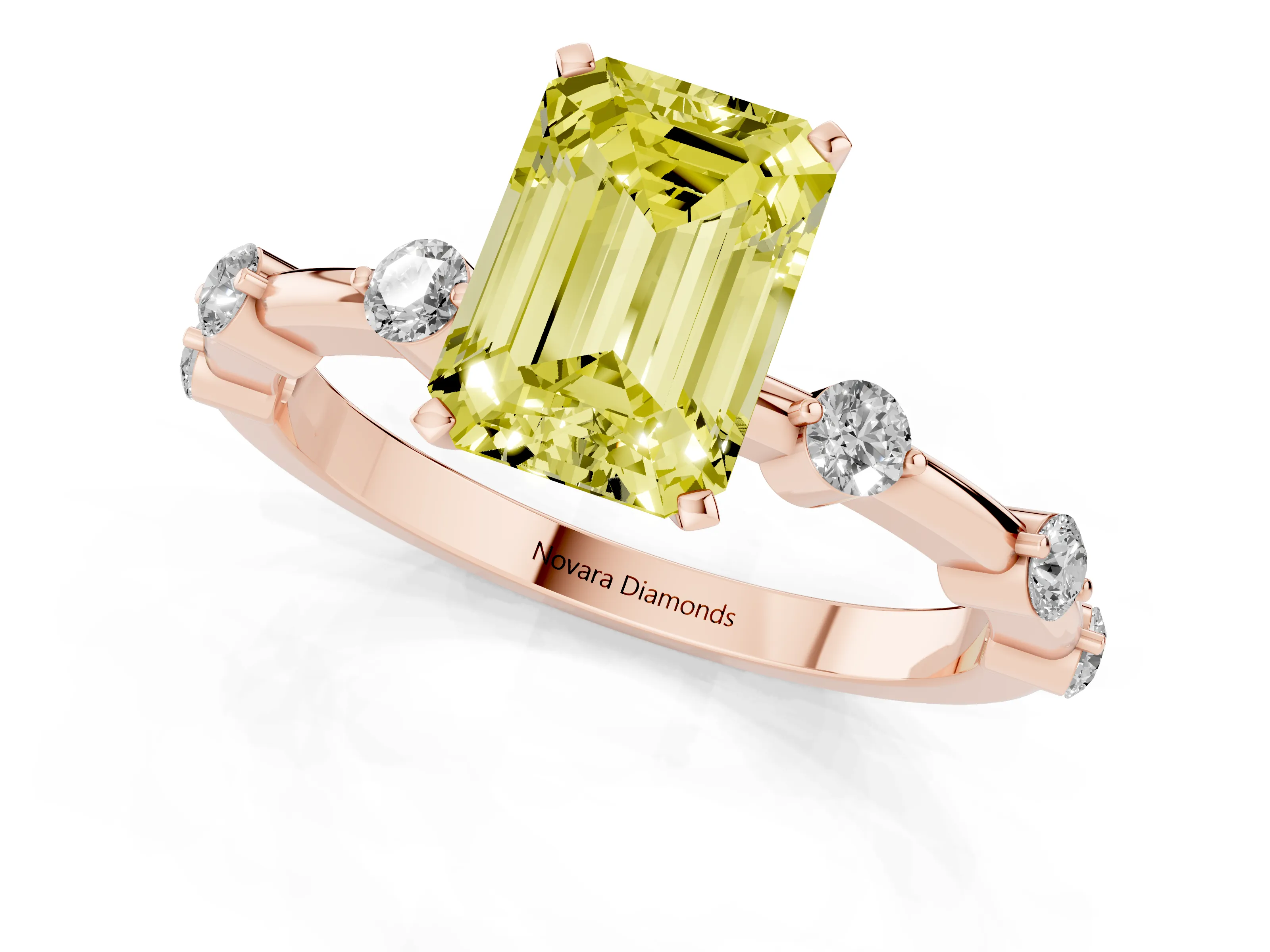 Fancy Yellow Emerald Cut Diamond Solitaire Ring Set in Rose gold with Bezel Set Side Stones and Prong Setting