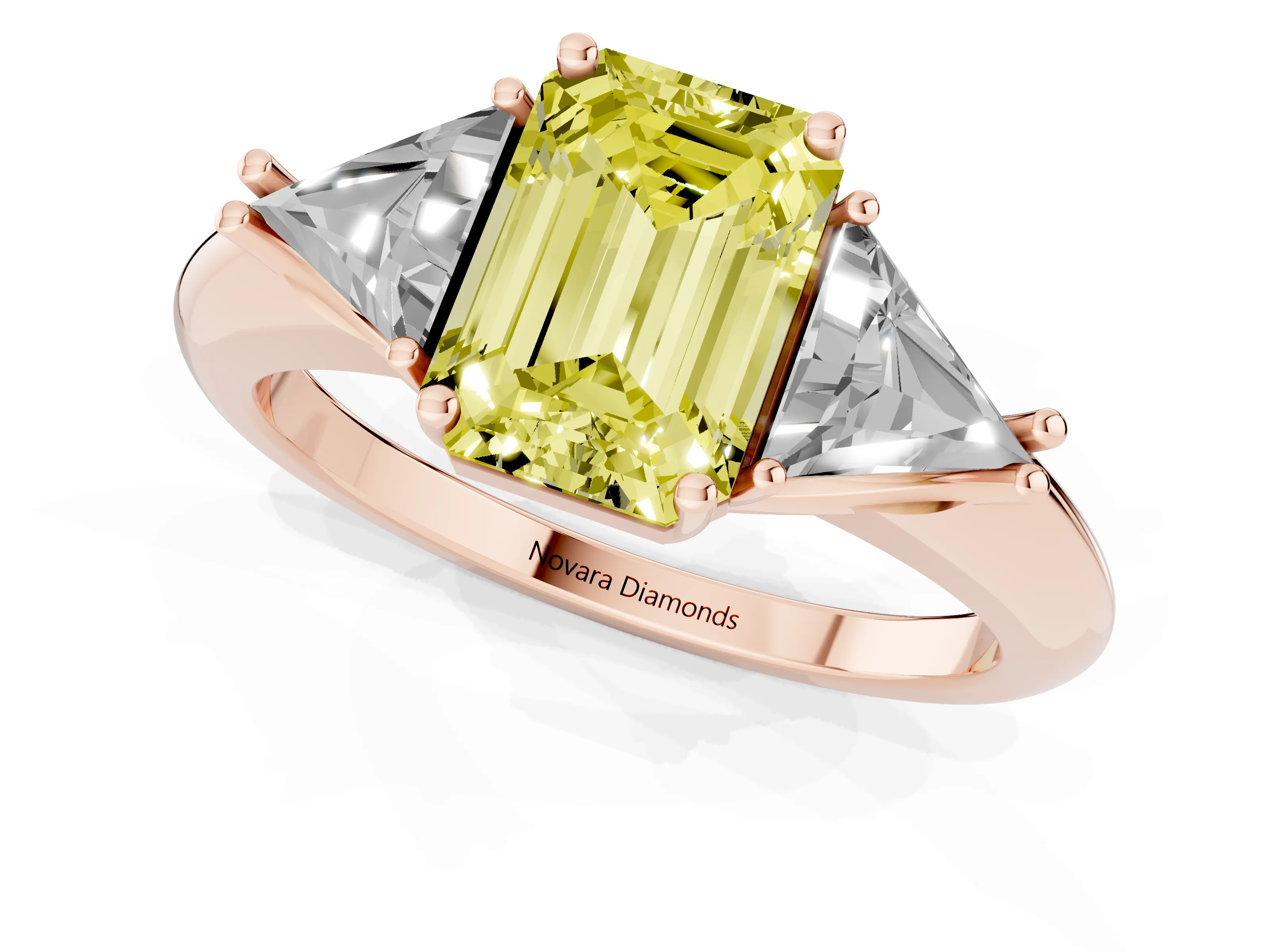 Fancy Yellow Emerald Cut Diamond Three-Stone Engagement Ring Set in Rose gold with Trillion Side Stones