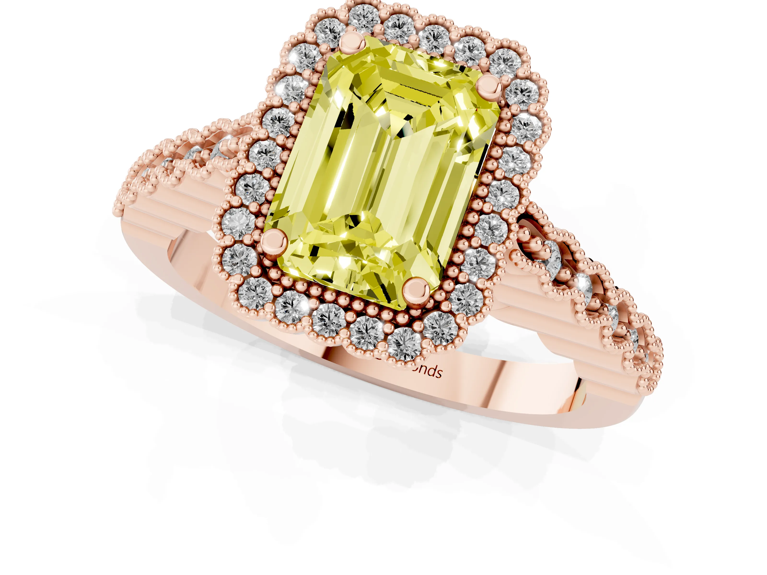 Fancy Yellow Emerald Cut Diamond Halo Ring Set in Rose gold with Pavé Milgrain Band