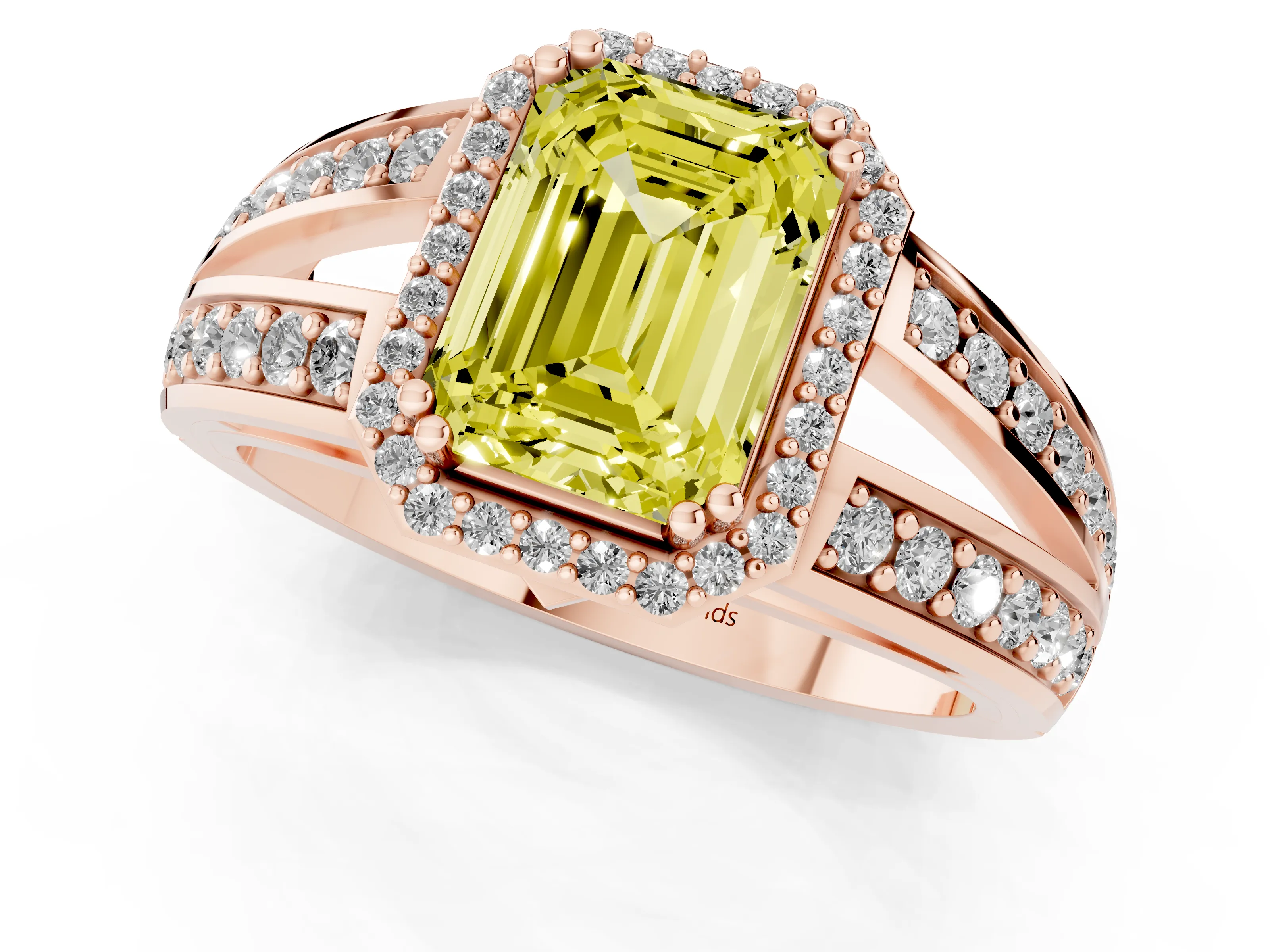 Fancy Yellow Emerald Cut Diamond Halo Ring Set in Rose gold with Double Pavé Split Shank