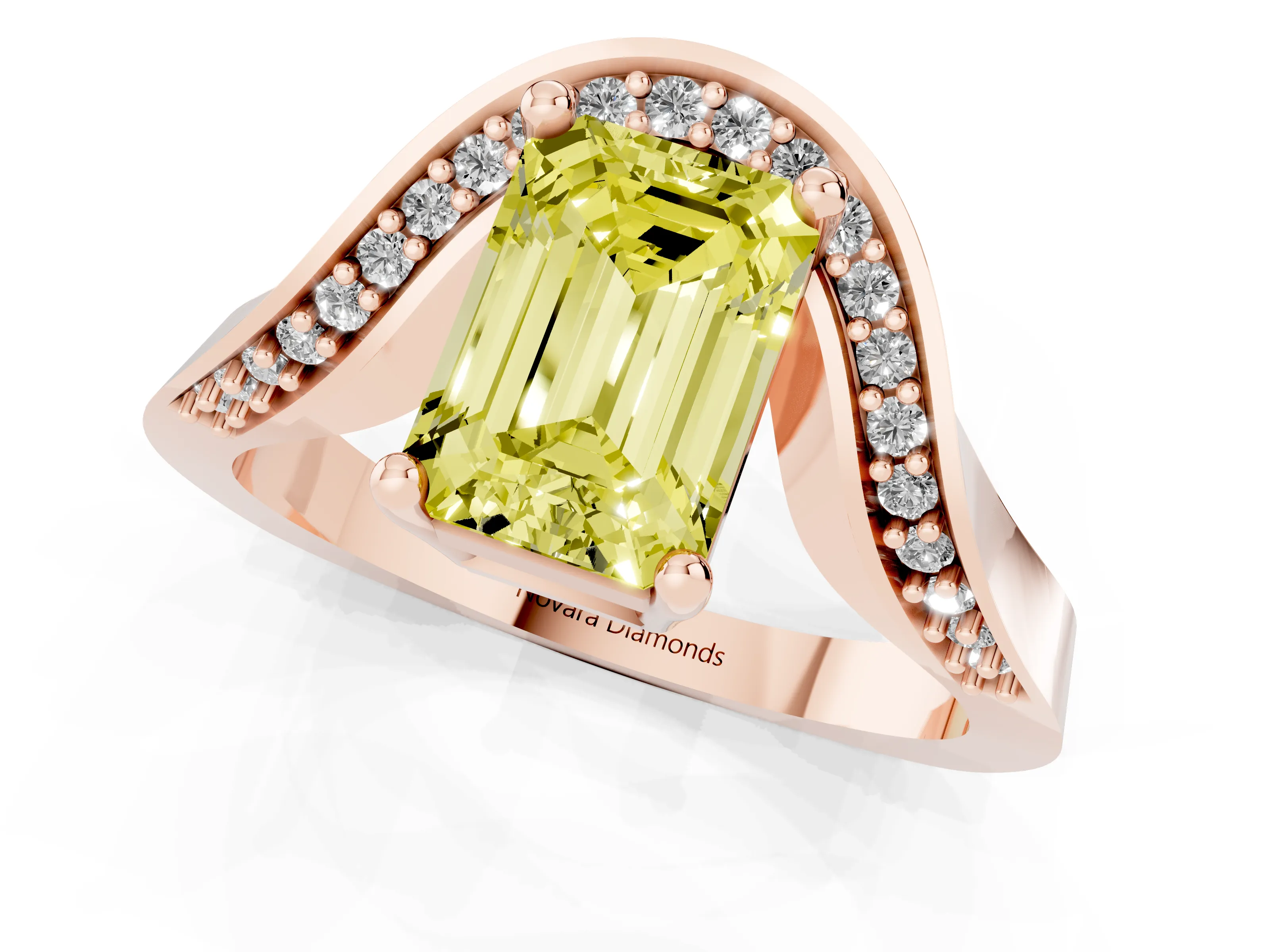 Fancy Yellow Emerald Cut Diamond Solitaire Engagement Ring Set in Rose gold with Pavé Shoulders