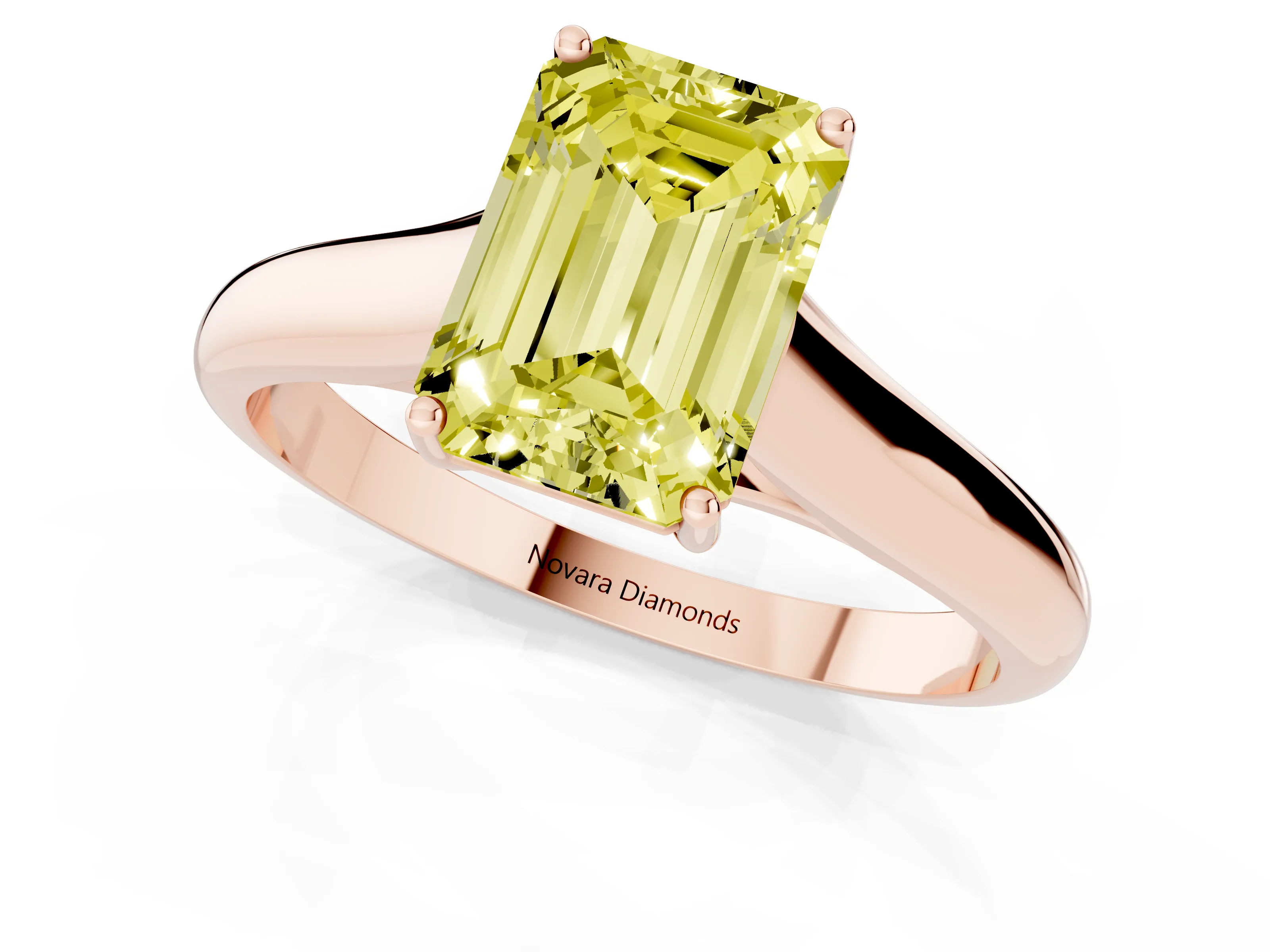 Fancy Yellow Emerald Cut Diamond Solitaire Engagement Ring Set in Rose gold with Subtly Tapered Band and Prong Setting
