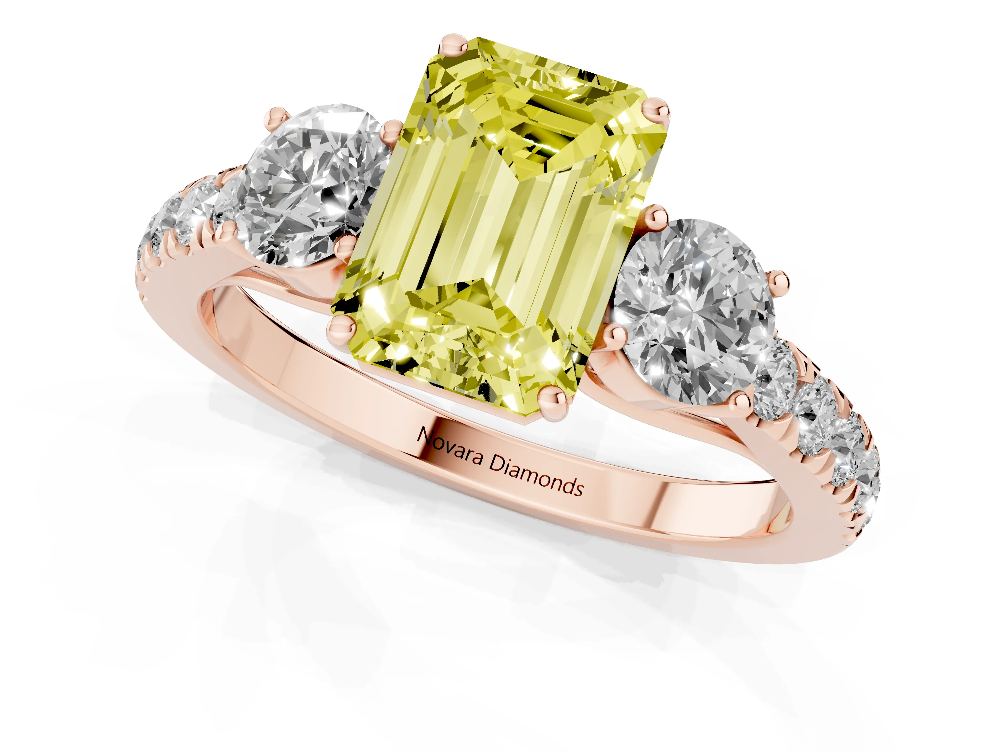 Fancy Yellow Emerald Cut Diamond Three-Stone Ring Set in Rose gold with Round Side Stones and Delicate Pavé Band