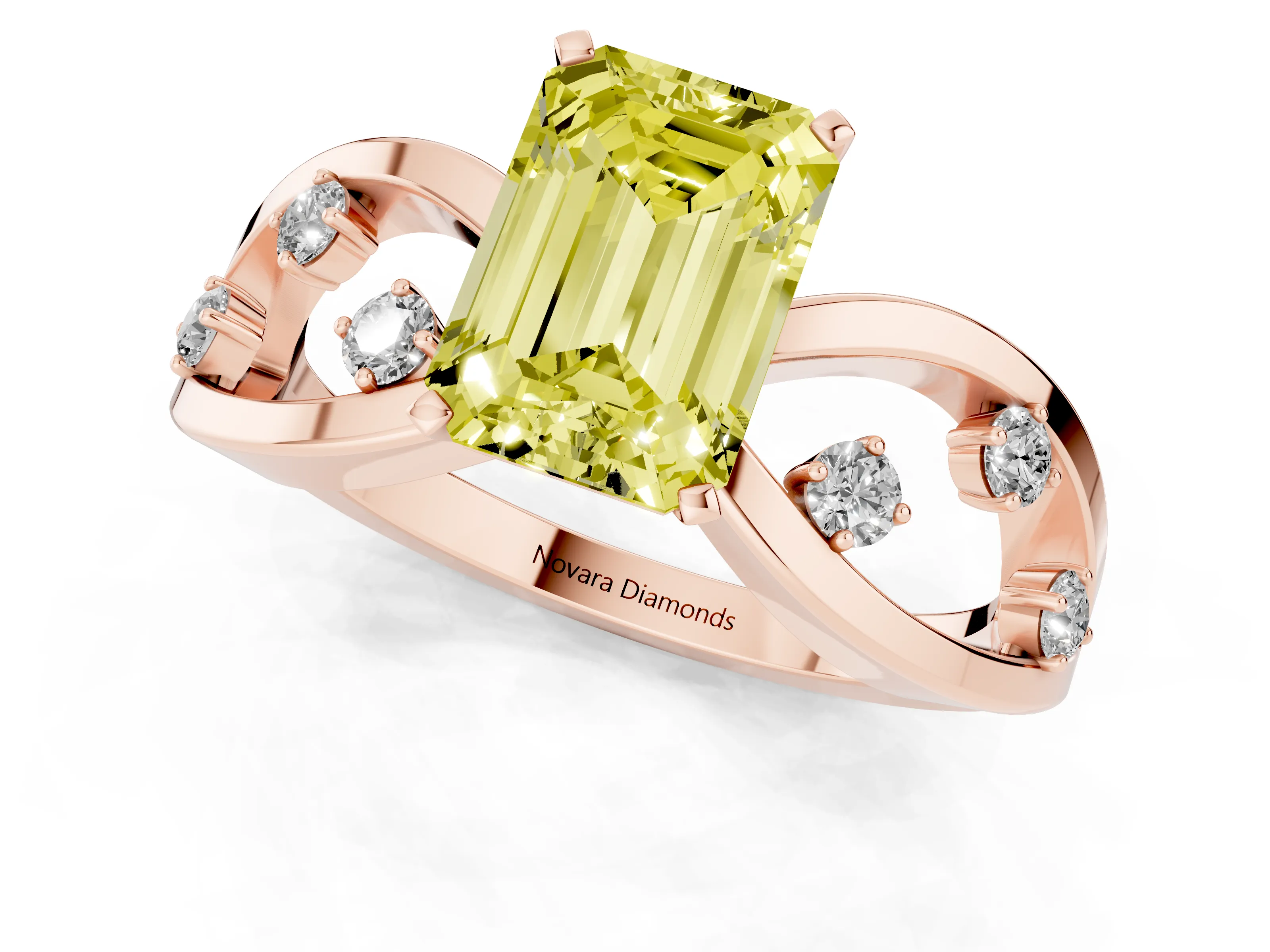 Fancy Yellow Emerald Cut Diamond Solitaire Ring Set in Rose gold with Side Stones on Criss-Cross Band and Prong Setting