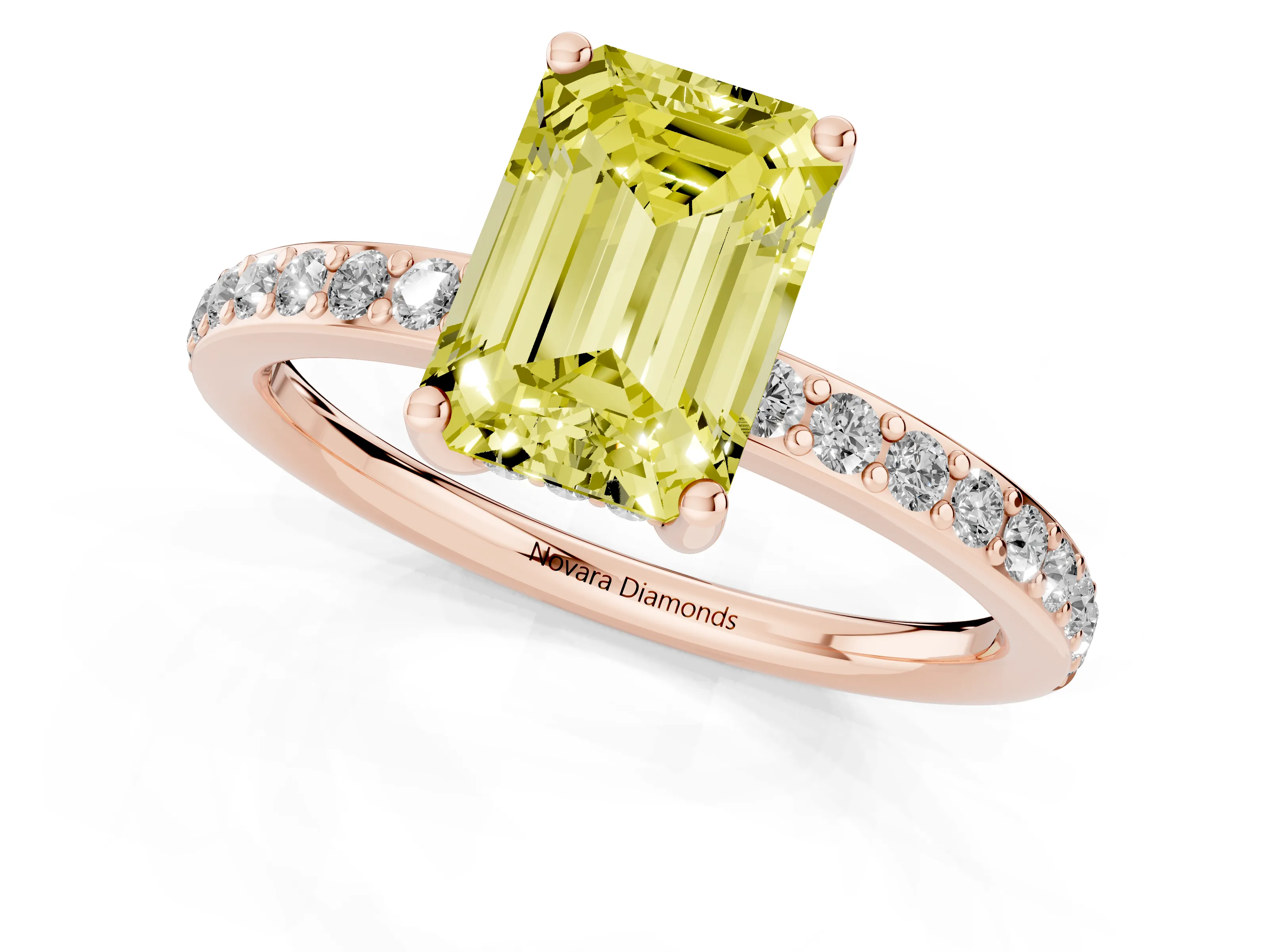 Fancy Yellow Emerald Cut Diamond Pavé Band Ring Set in Rose gold with Prong-Set Center Stone