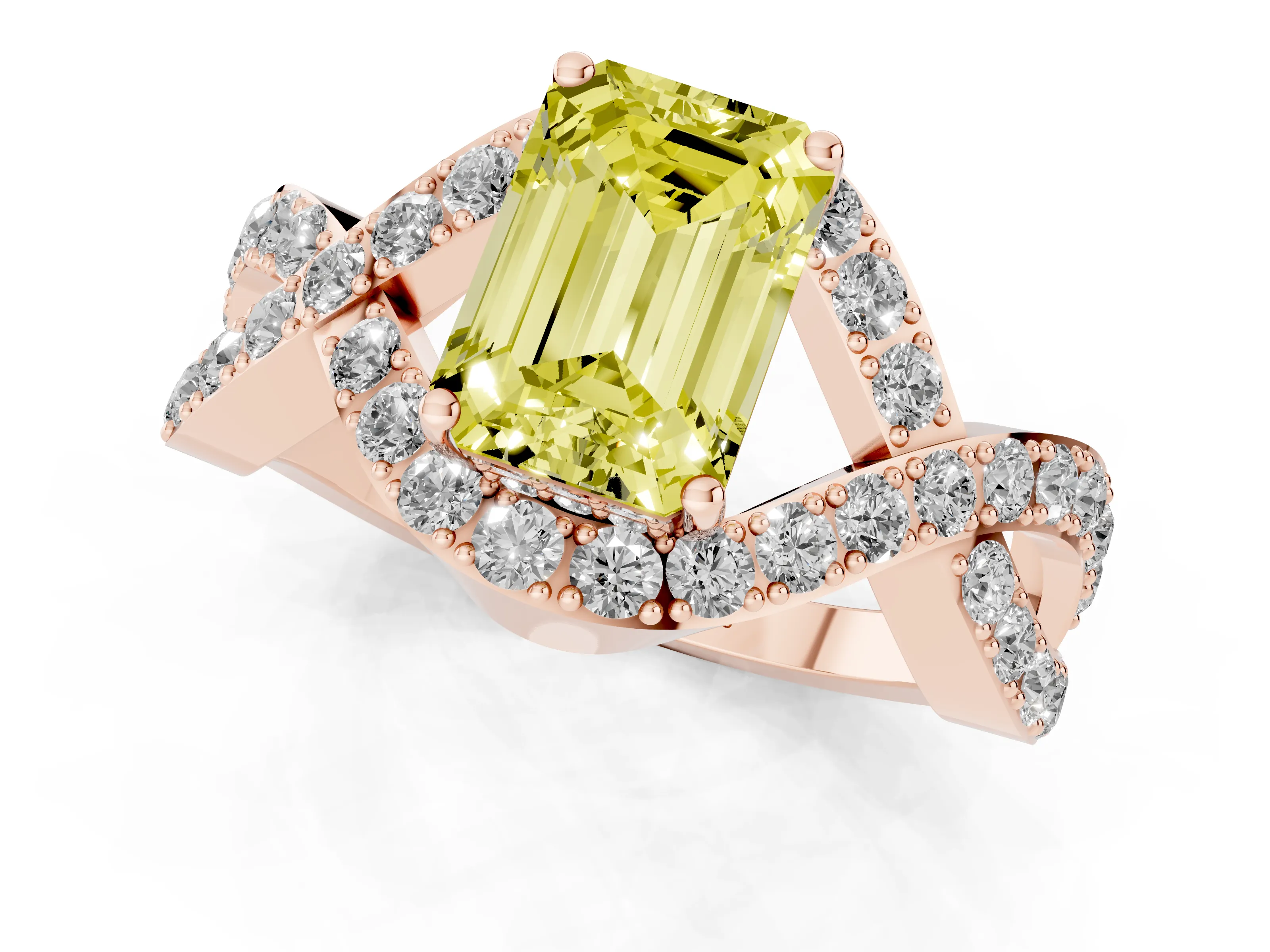 Fancy Yellow Emerald Cut Diamond Solitaire Twist Band Pavé Engagement Ring Set in Rose gold
