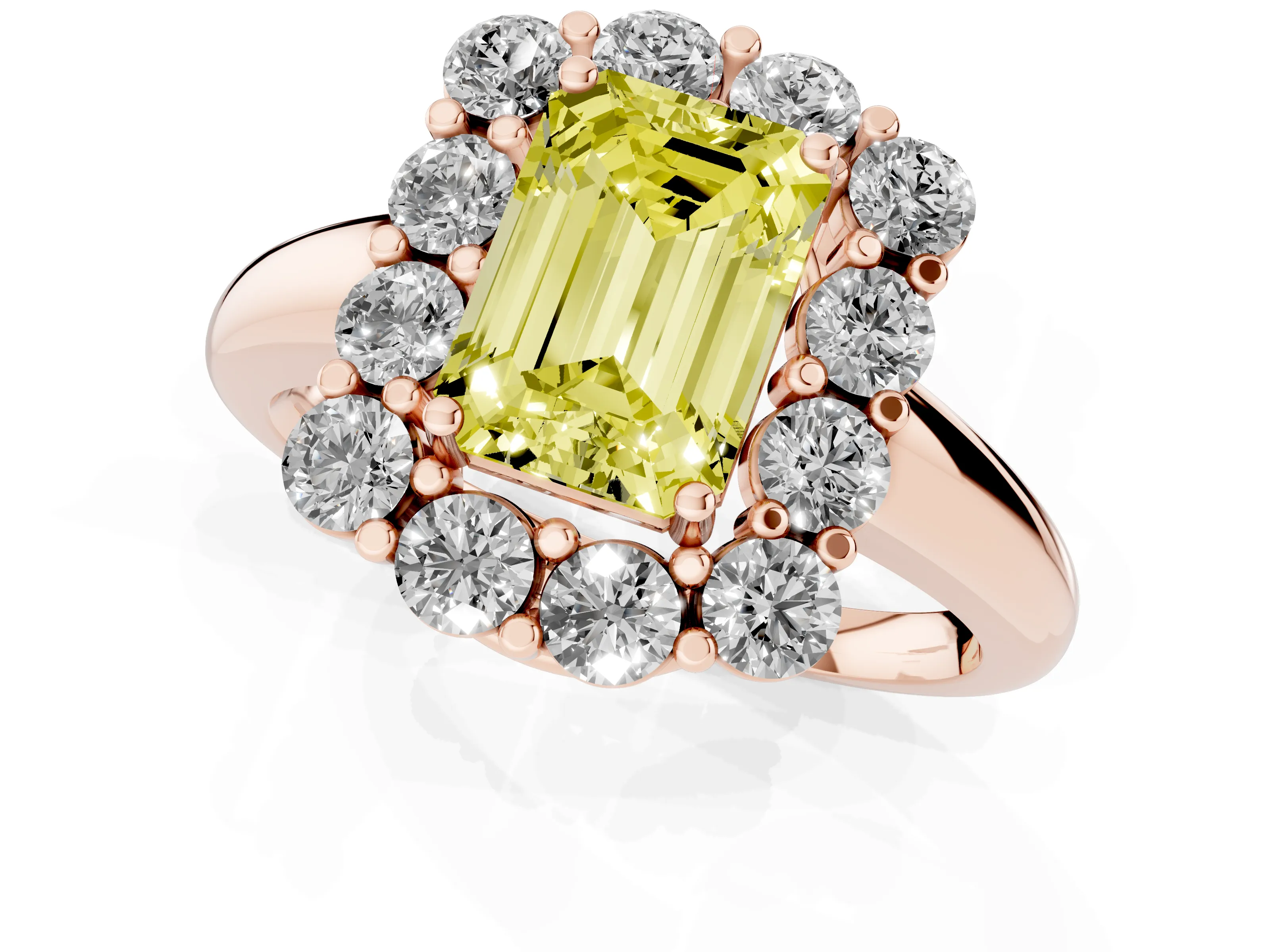 Fancy Yellow Emerald Cut Diamond Halo Cluster Engagement Ring Set in Rose gold with Polished Band and Prong Setting