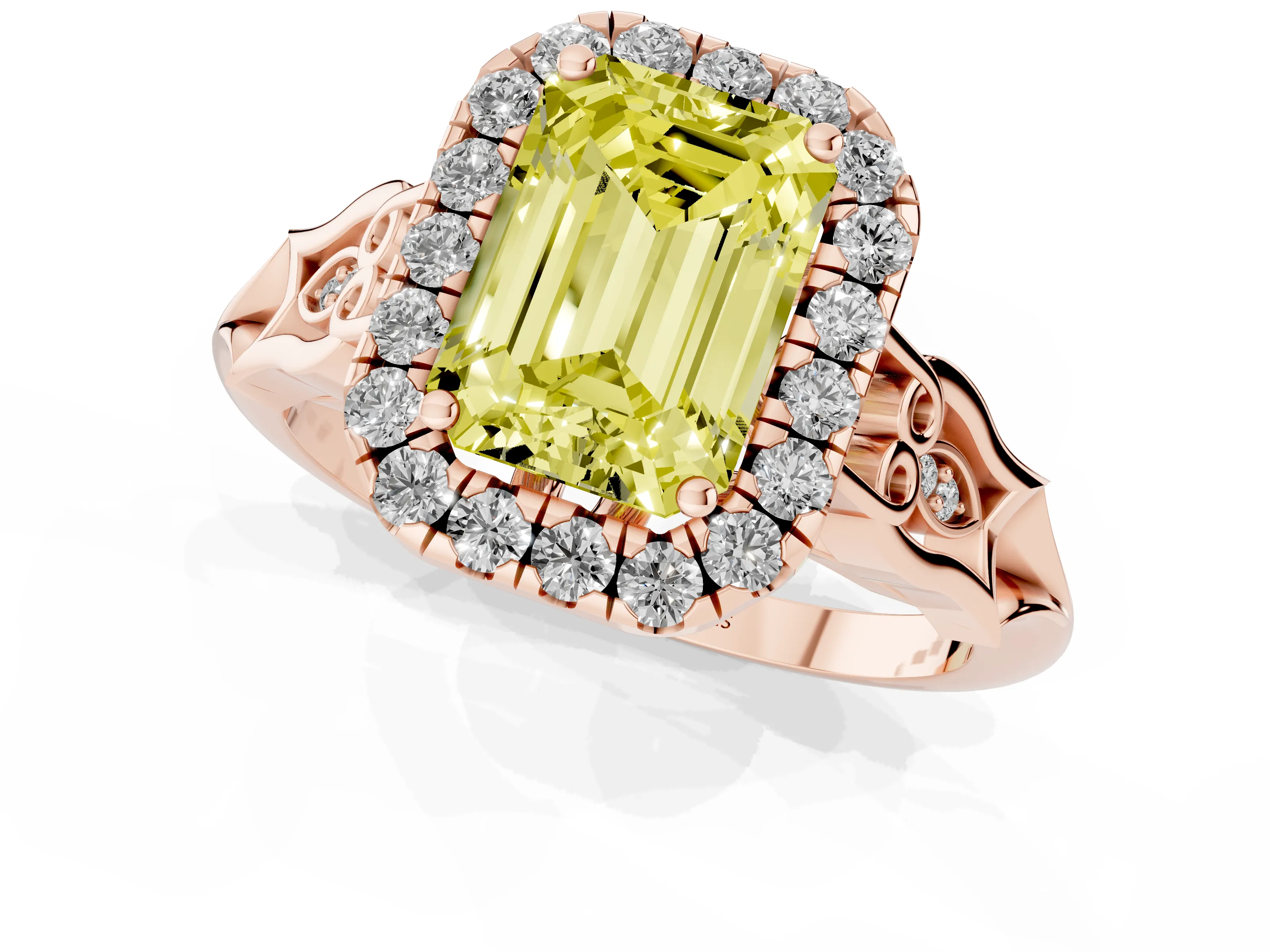 Fancy Yellow Emerald Cut Diamond Halo Engagement Ring Set in Rose gold with Filigree Band and Prong-Set Center