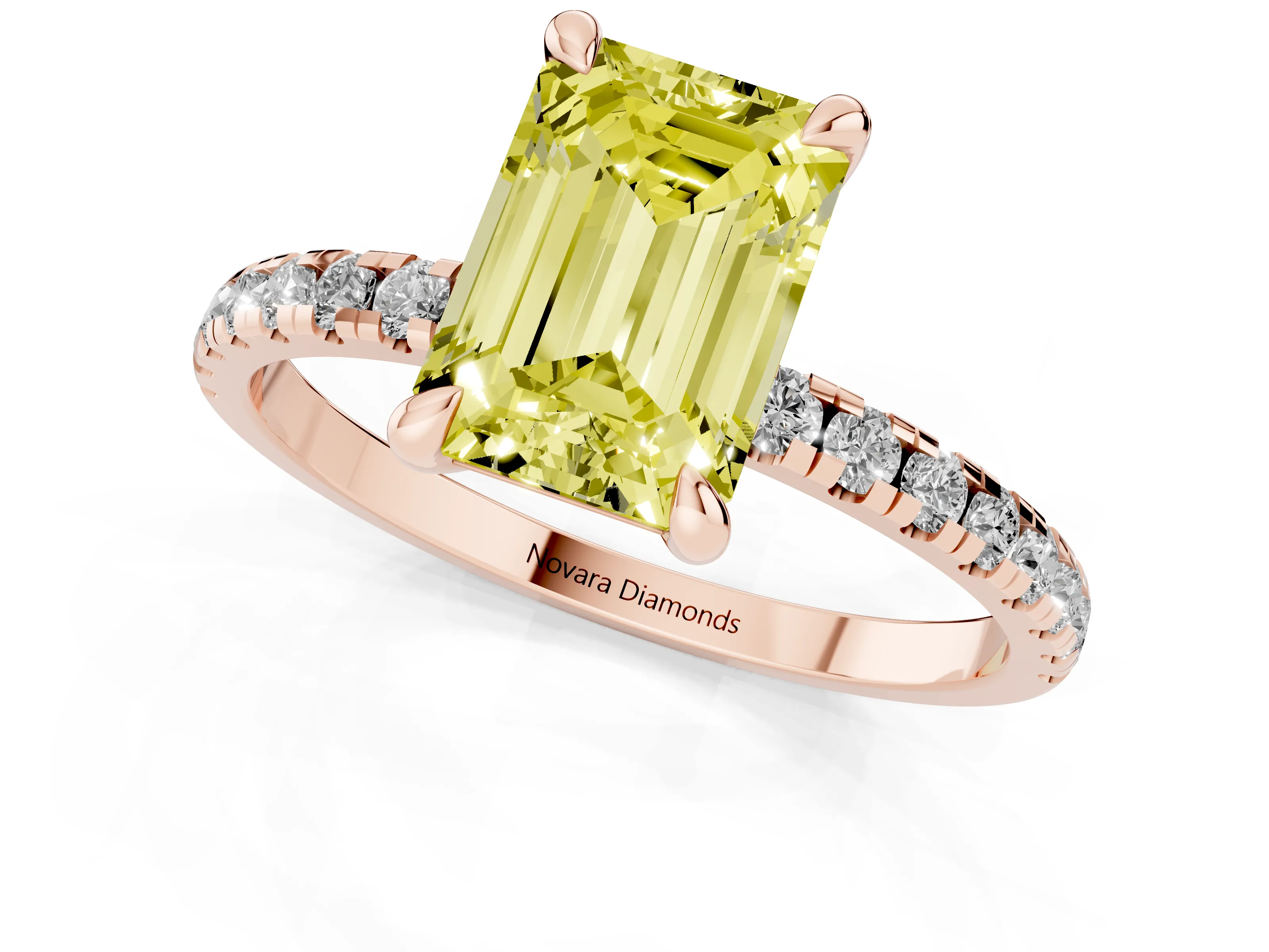 Fancy Yellow Emerald Cut Diamond Brilliant Solitaire Ring Set in Rose gold with Pavé Band and Prong Setting