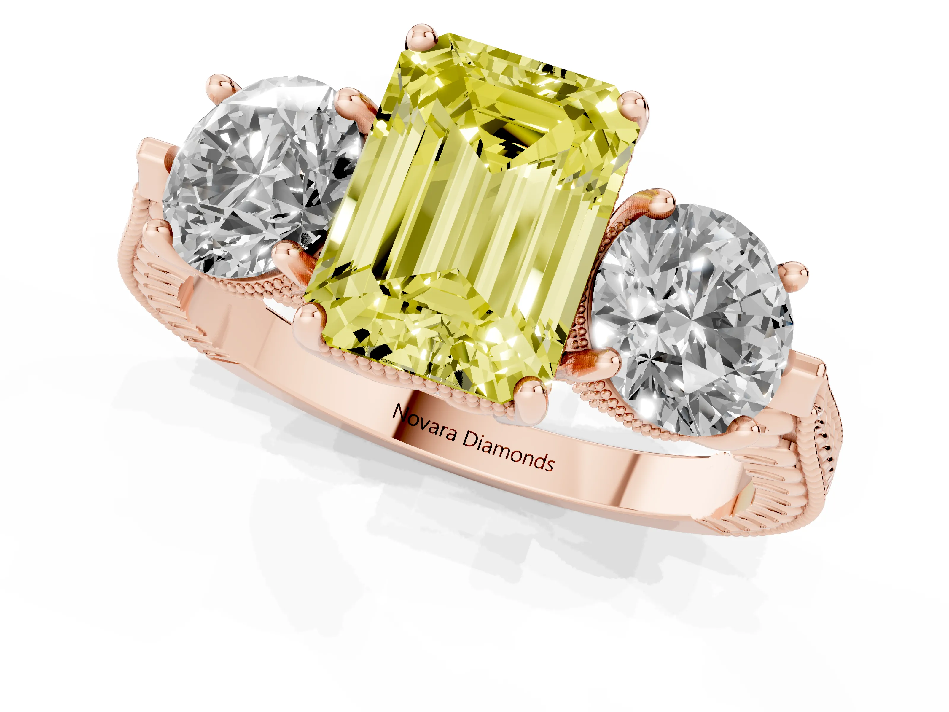 Fancy Yellow Emerald Cut Diamond Three-Stone Ring Set in Rose gold with Milgrain Band