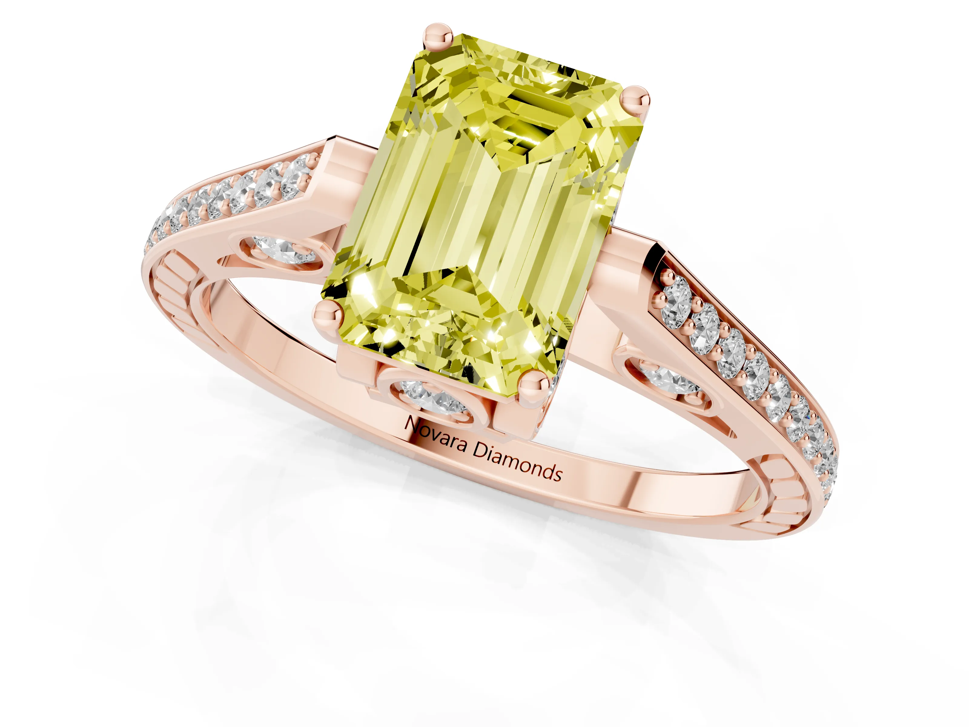 Fancy Yellow Emerald Cut Diamond Cathedral Pavé Engagement Ring Set in Rose gold with Prong Setting