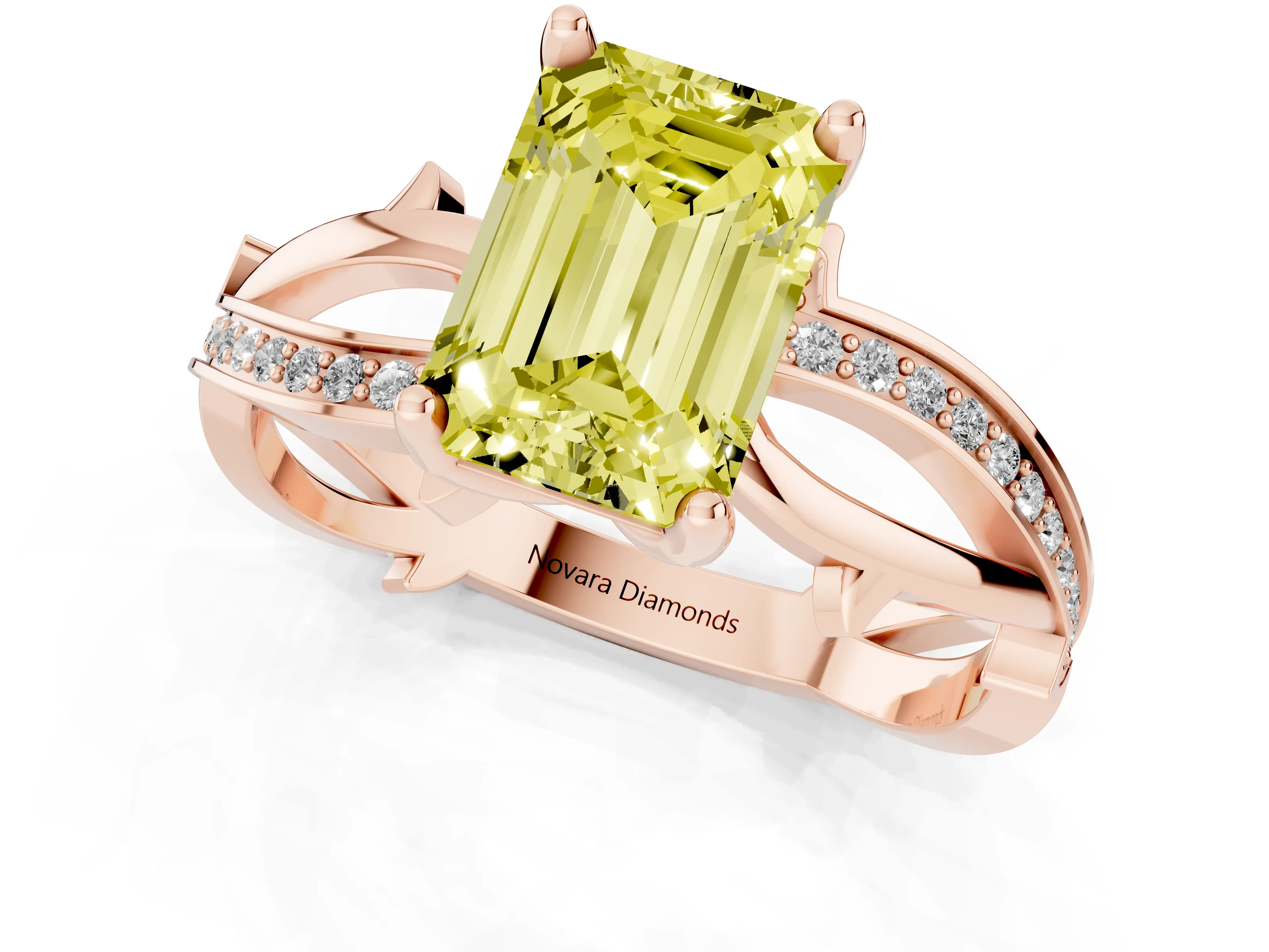 Fancy Yellow Emerald Cut Diamond Pavé Twist Band Solitaire Ring Set in Rose gold with Prong Setting