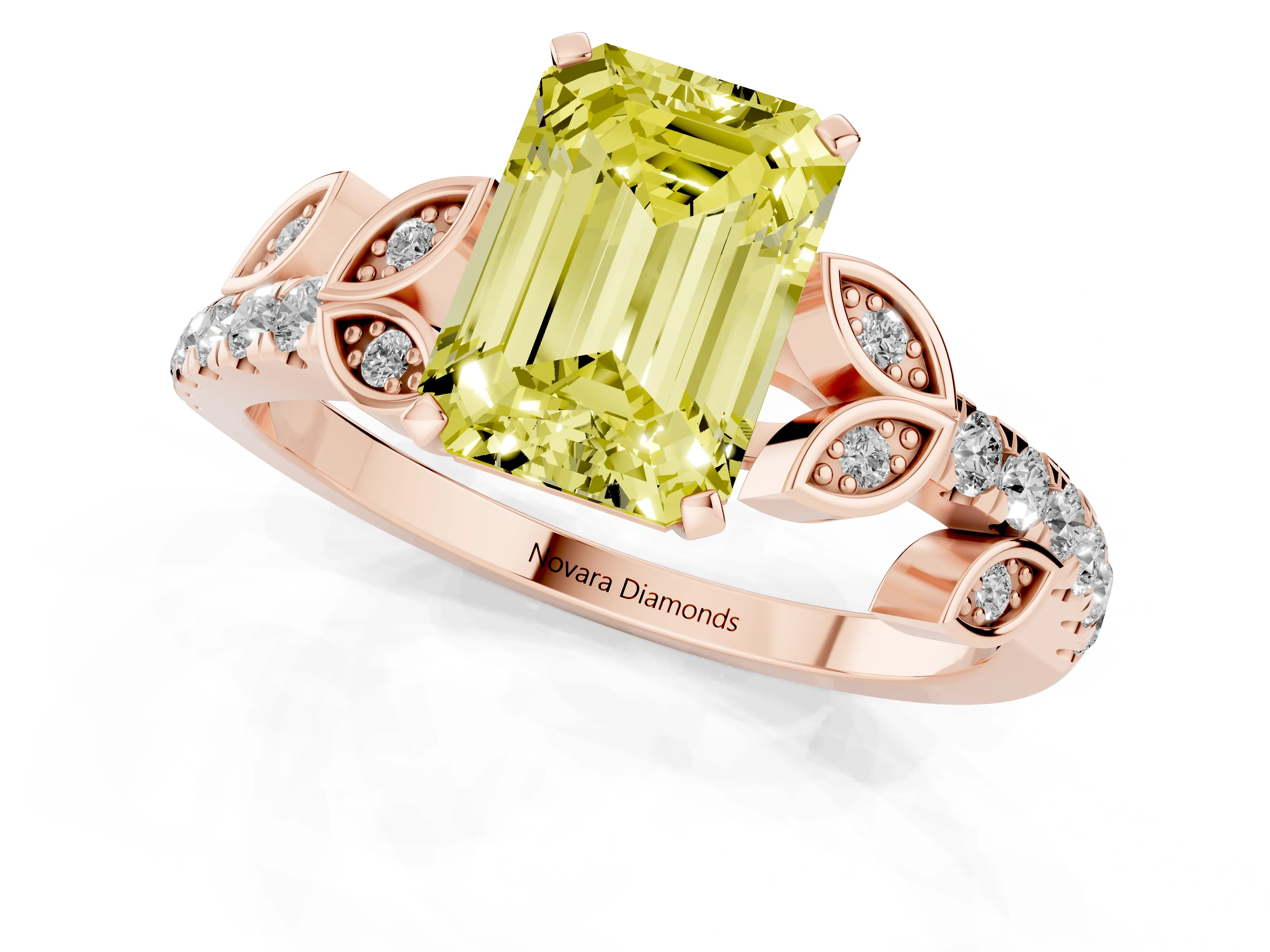 Fancy Yellow Emerald Cut Diamond Solitaire Leaf-Inspired Ring Set in Rose gold with Pavé Band and Prong Setting
