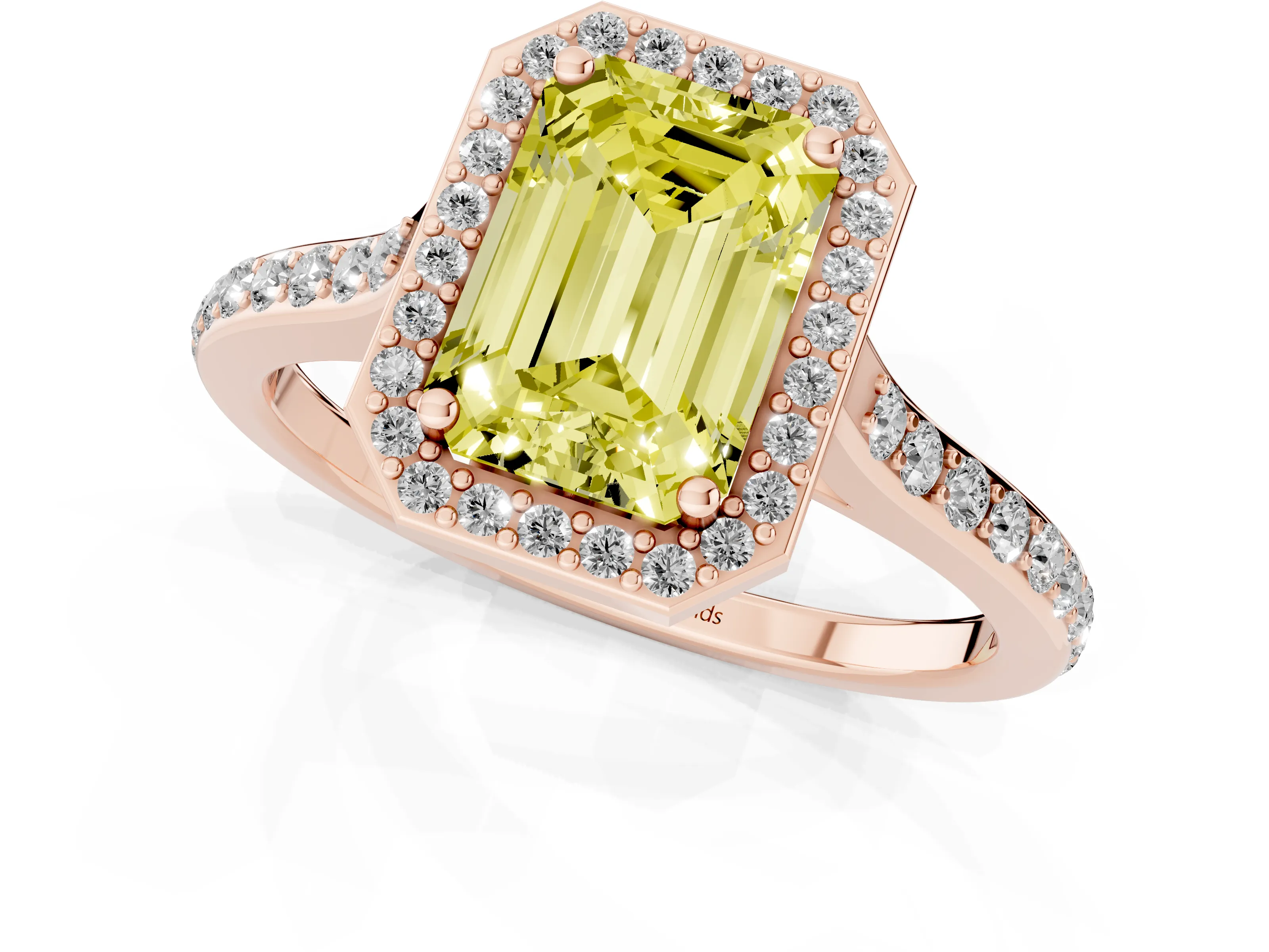 Fancy Yellow Emerald Cut Diamond Halo Engagement Ring Set in Rose gold with Round Pavé Shoulders and Heart Gallery