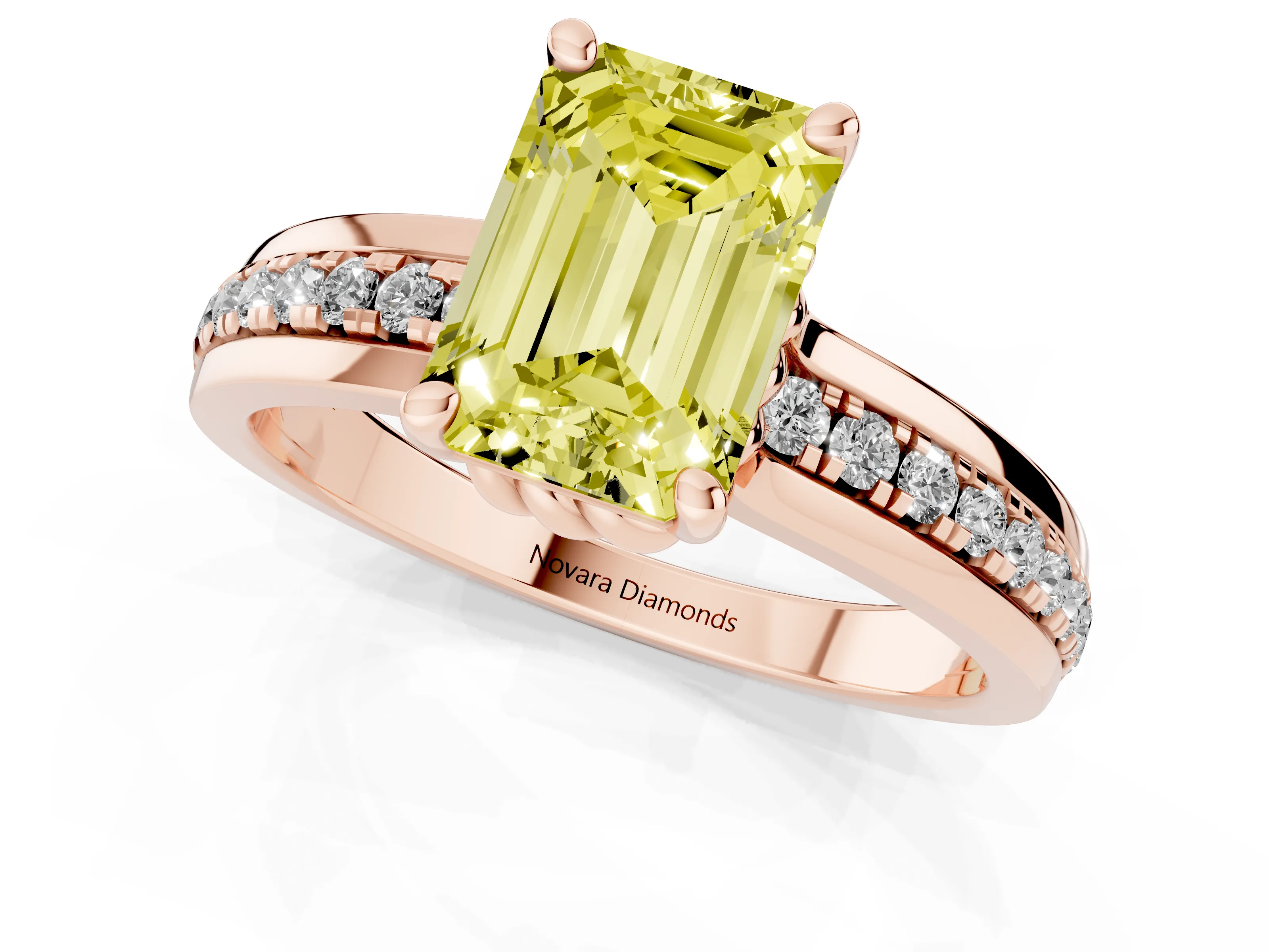Fancy Yellow Emerald Cut Diamond Solitaire Ring Set in Rose gold with Channel Set Band and Prong Setting