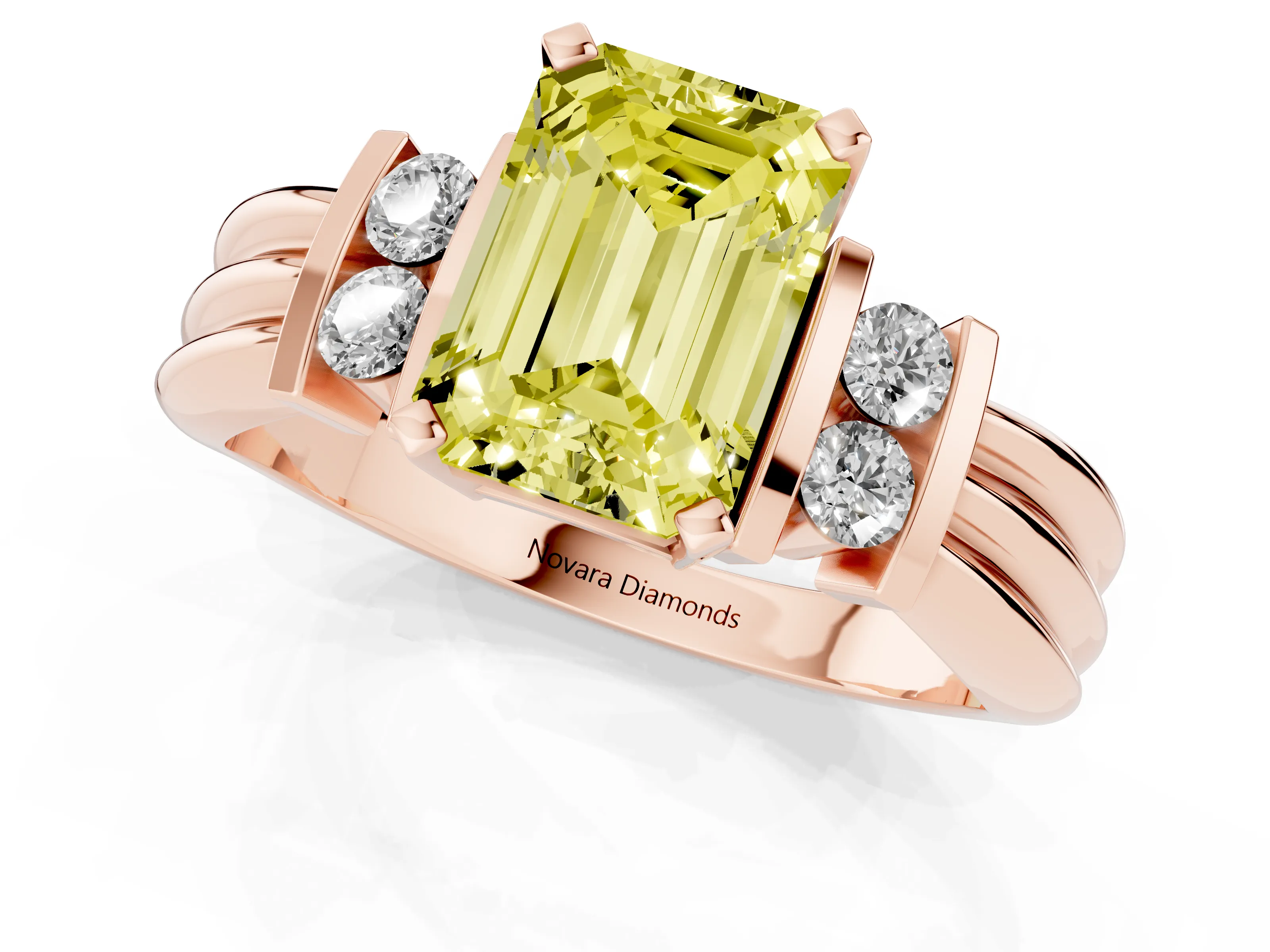Fancy Yellow Three-Stone Emerald Cut Diamond Channel Set Ring Set in Rose gold with Bar Prongs
