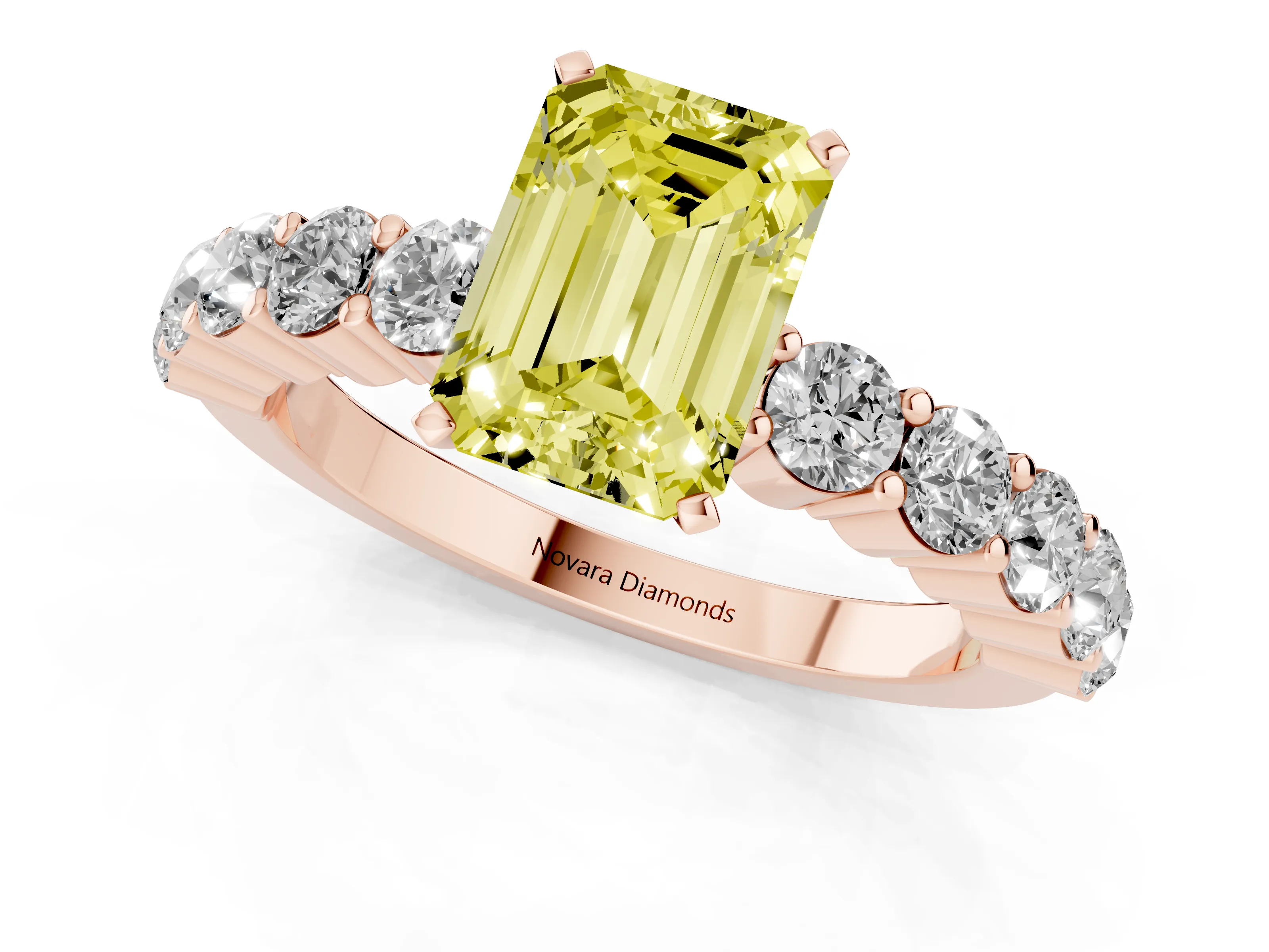 Fancy Yellow Emerald Cut Diamond Solitaire Ring Set in Rose gold with Shared Prong Round Side Stones